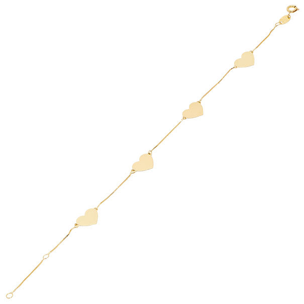 Pulseira veneziana 4 corações chapa lisa ouro 18k