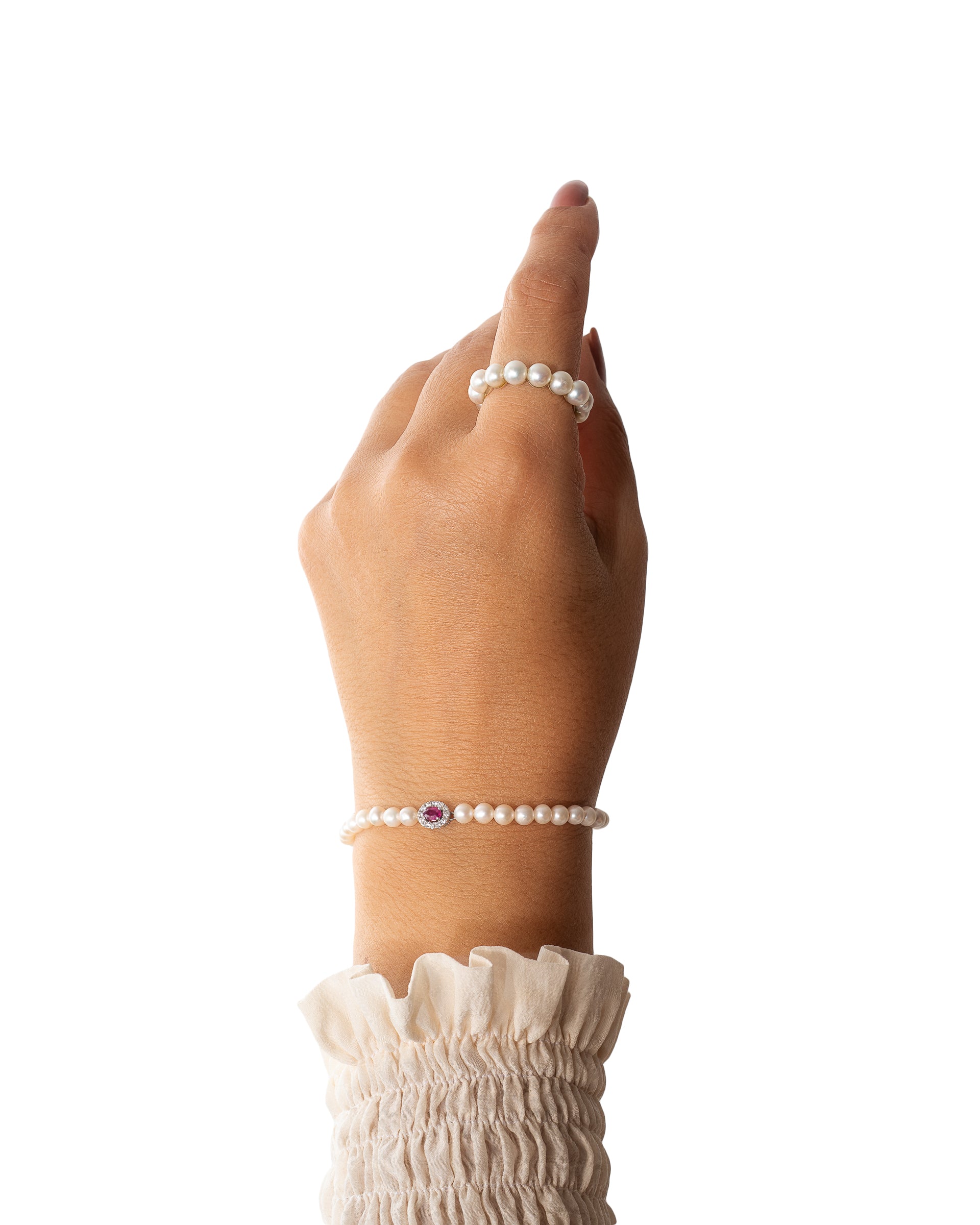 Pulseira pérola natural com chuveiro rubi e diamante, ouro 18k, ajustável