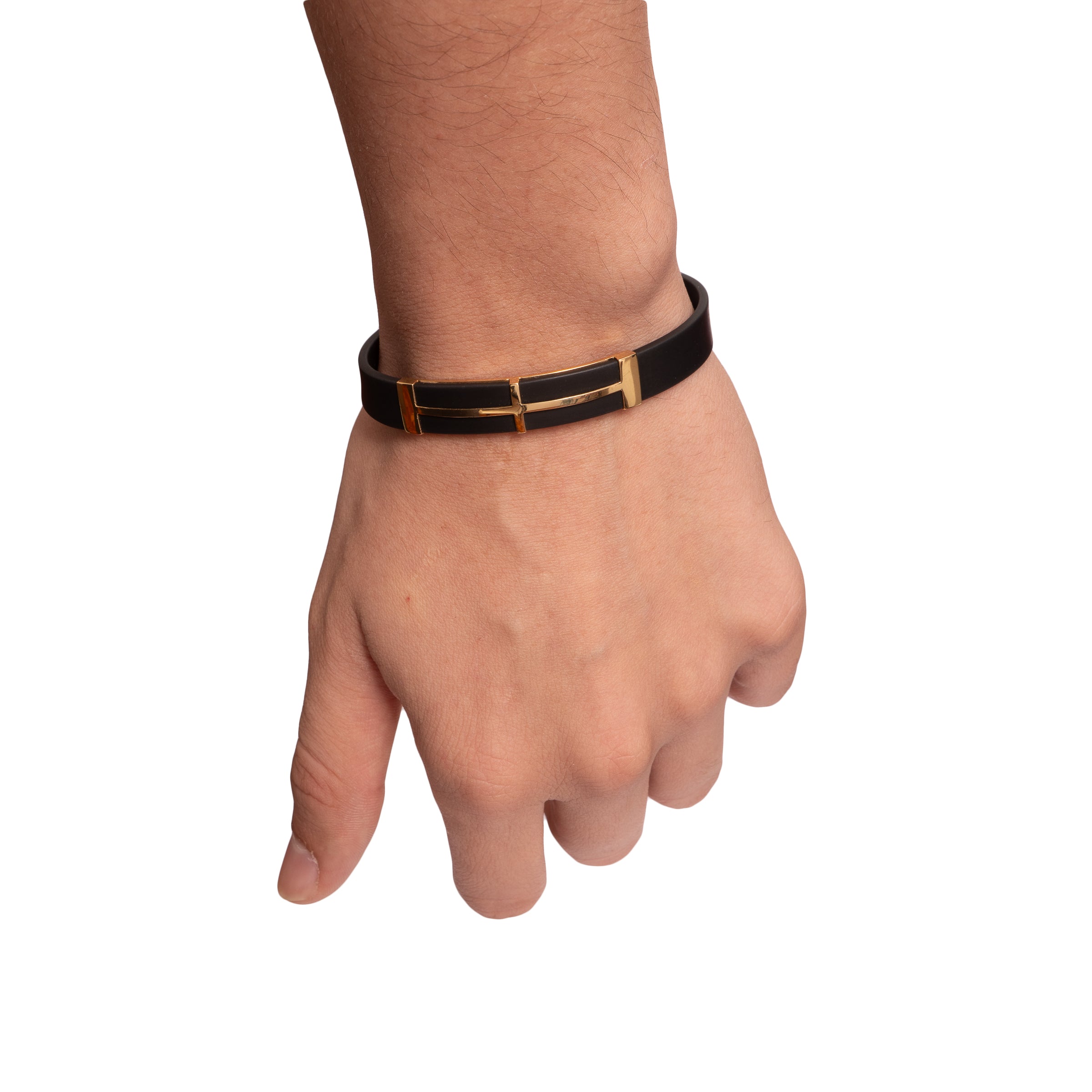 Pulseira masculina silicone com chapa vazada ouro 18k