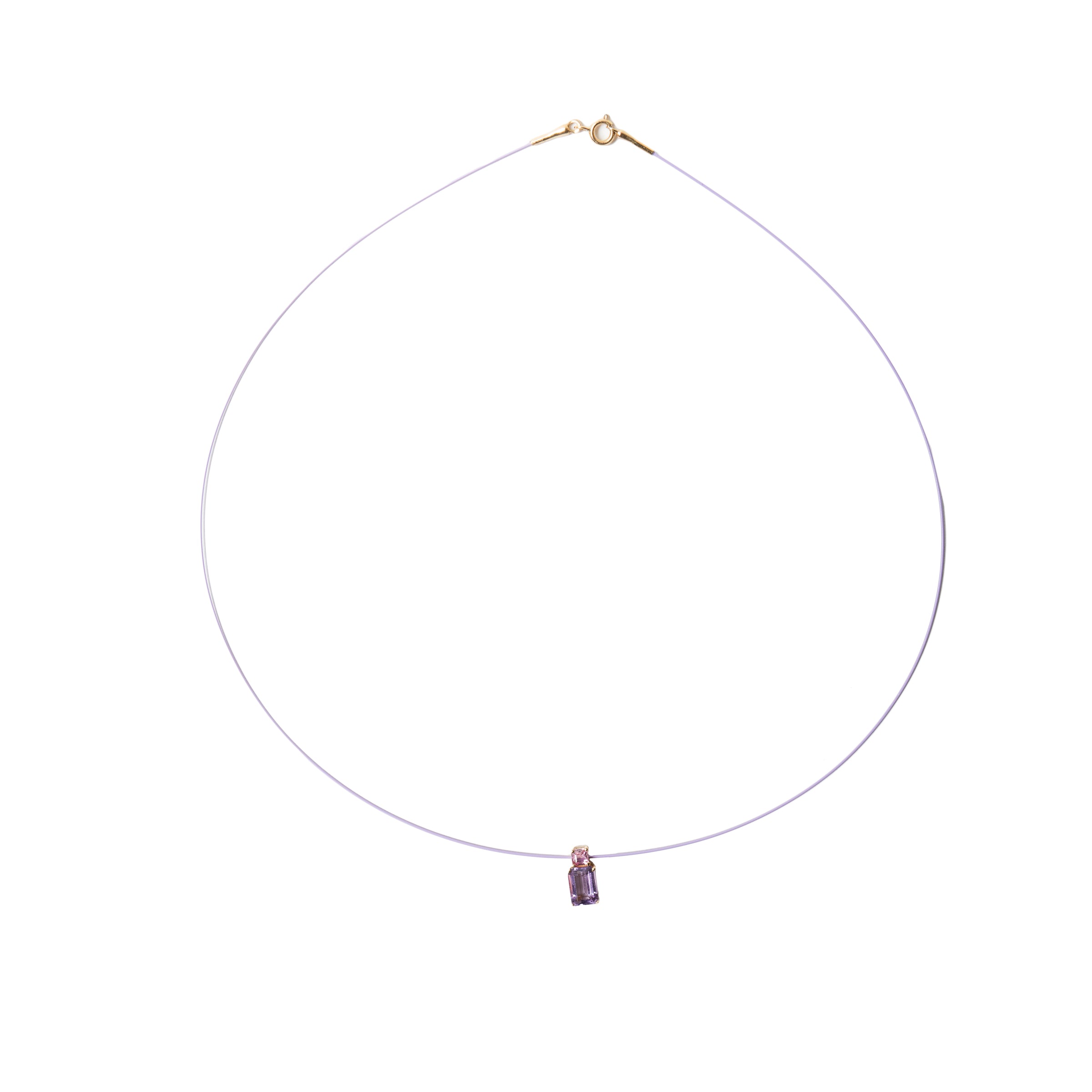 Colar Fio de Nylon Lilás com Pingente de Ametista e Turmalina Rosa