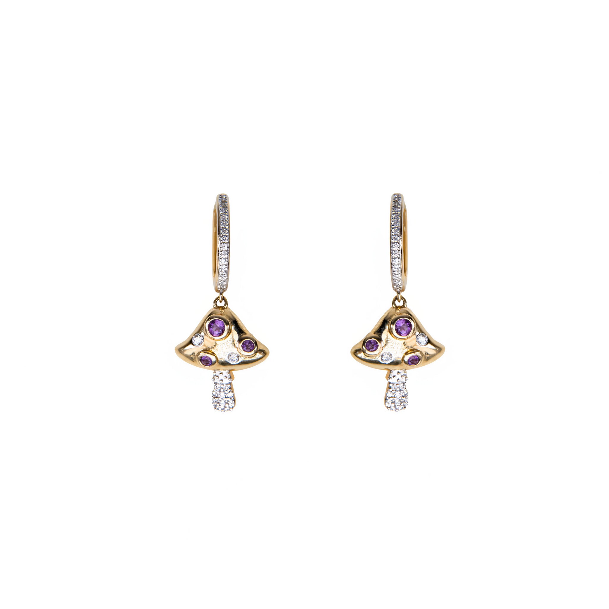 Brinco Cogumelo ouro 18k, diamante e pedras coloridas com argola de diamante