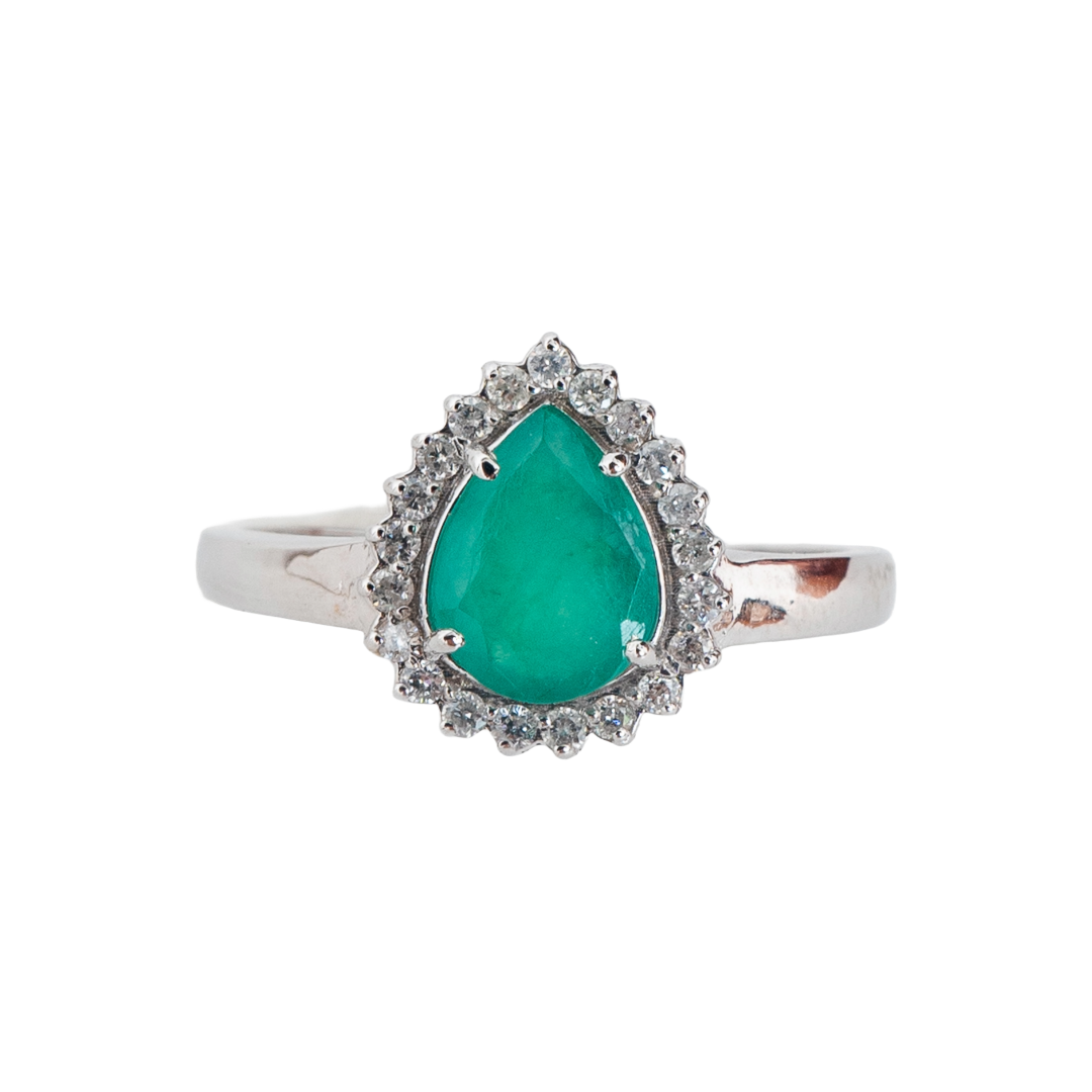 Anel gota de esmeralda, ouro 18k e diamante