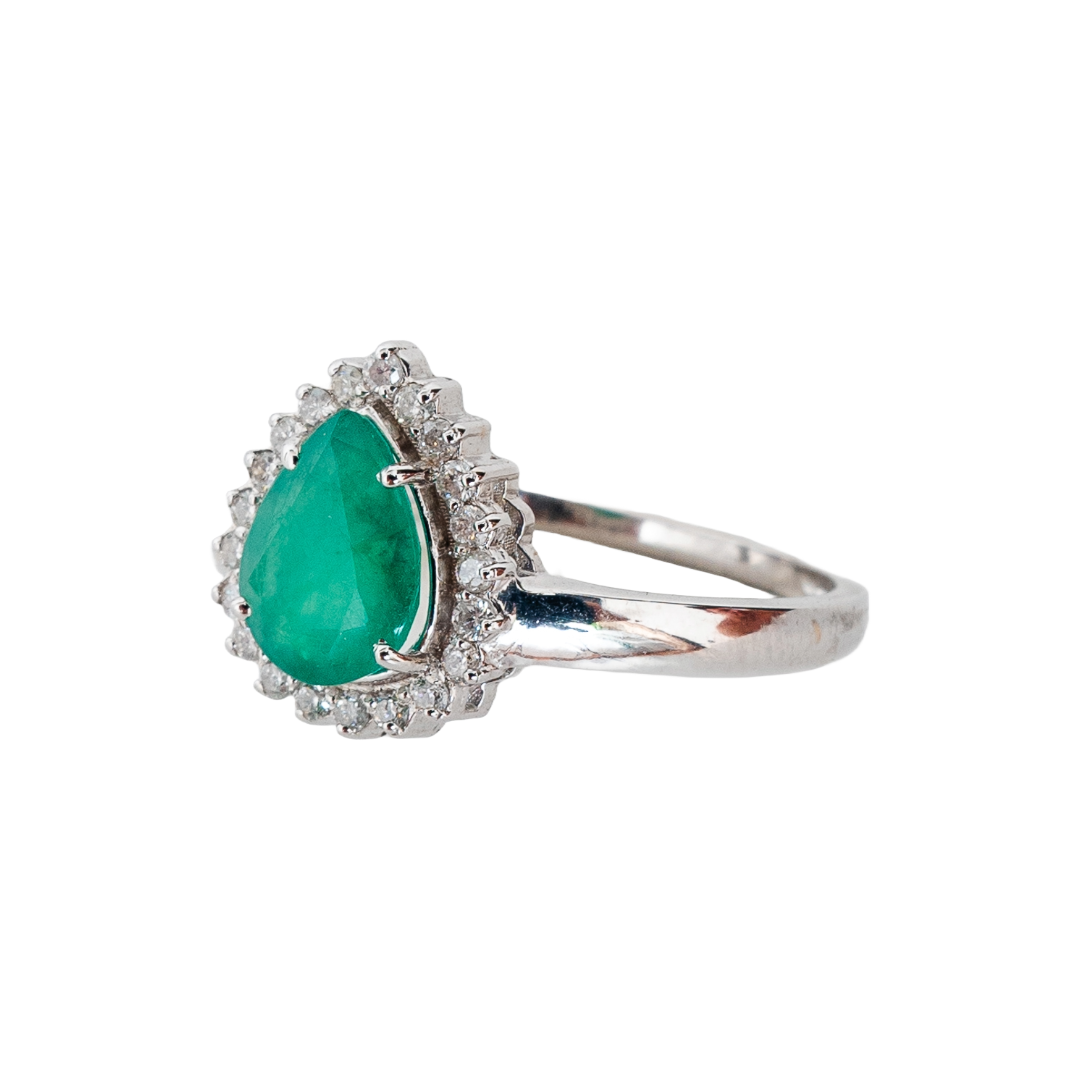 Anel gota de esmeralda, ouro 18k e diamante