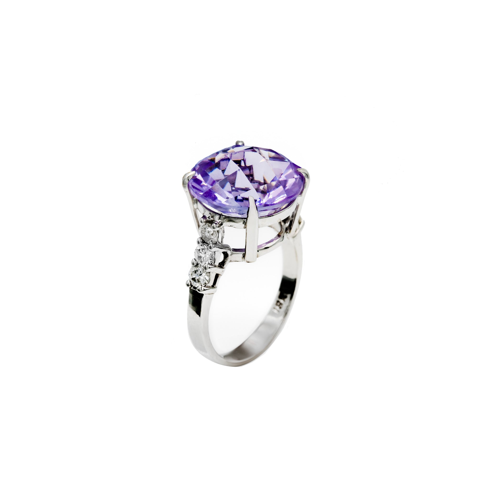 Anel solitário Kunzita de diamante e ouro 18k