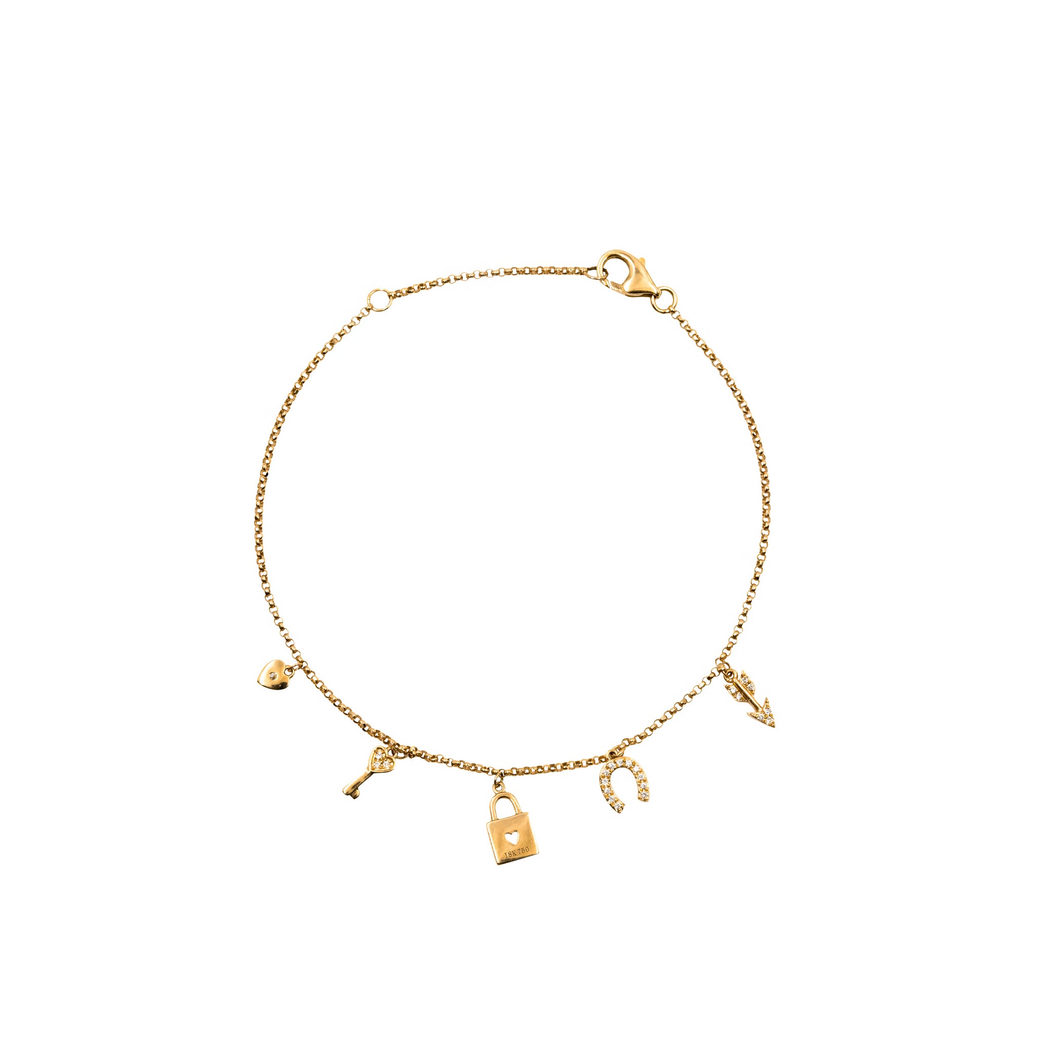 Pulseira 5 Penduricalhos ouro 18k