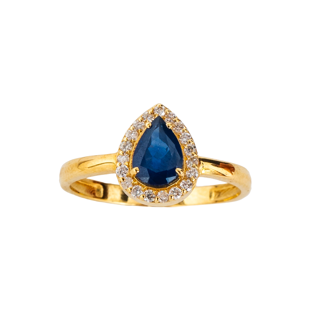 Anel gota de safira, ouro 18k e diamante