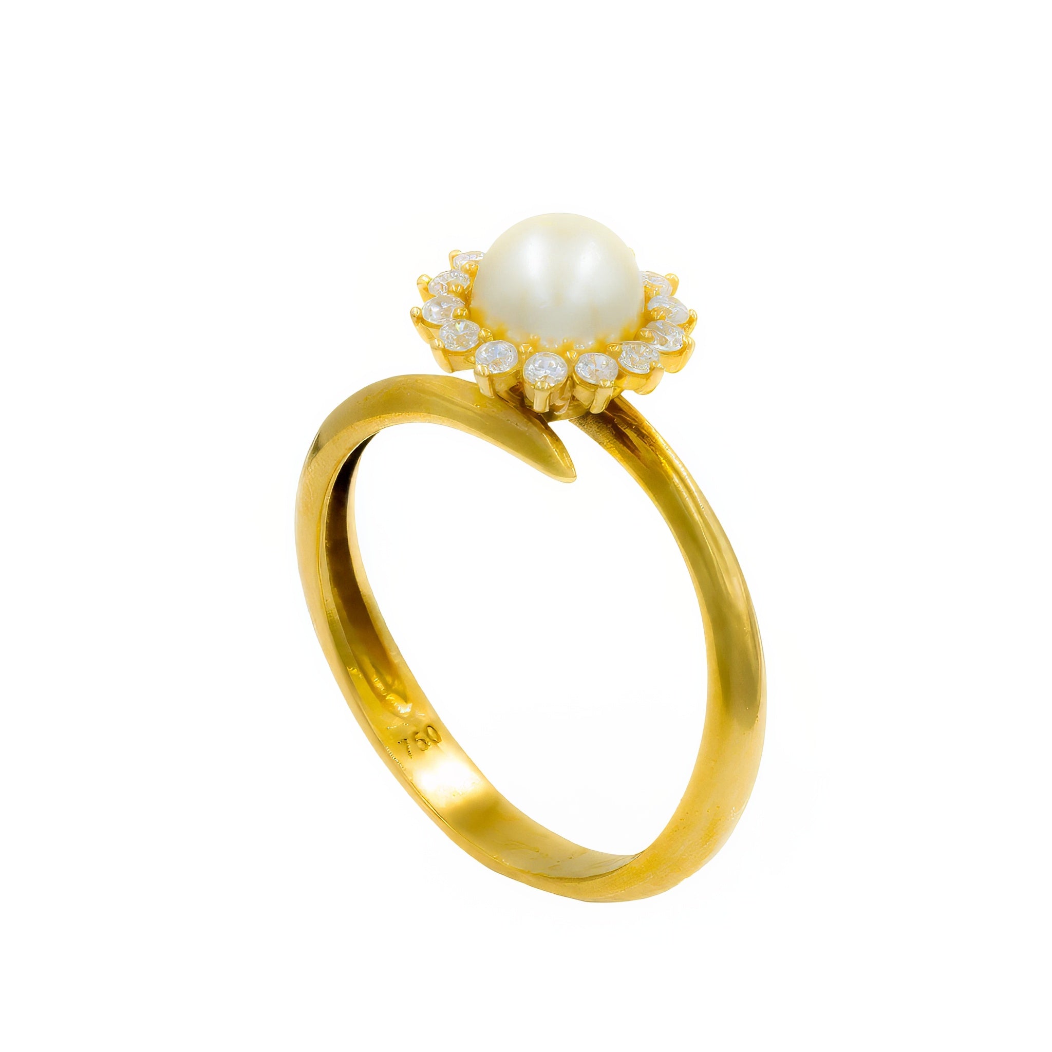 Anel flor de pérola com zircônia e ouro 18k