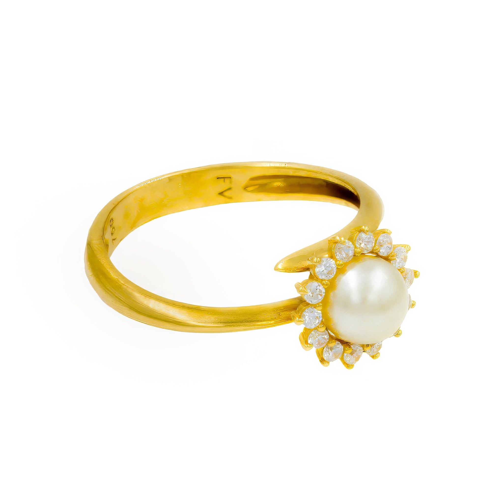 Anel flor de pérola com zircônia e ouro 18k