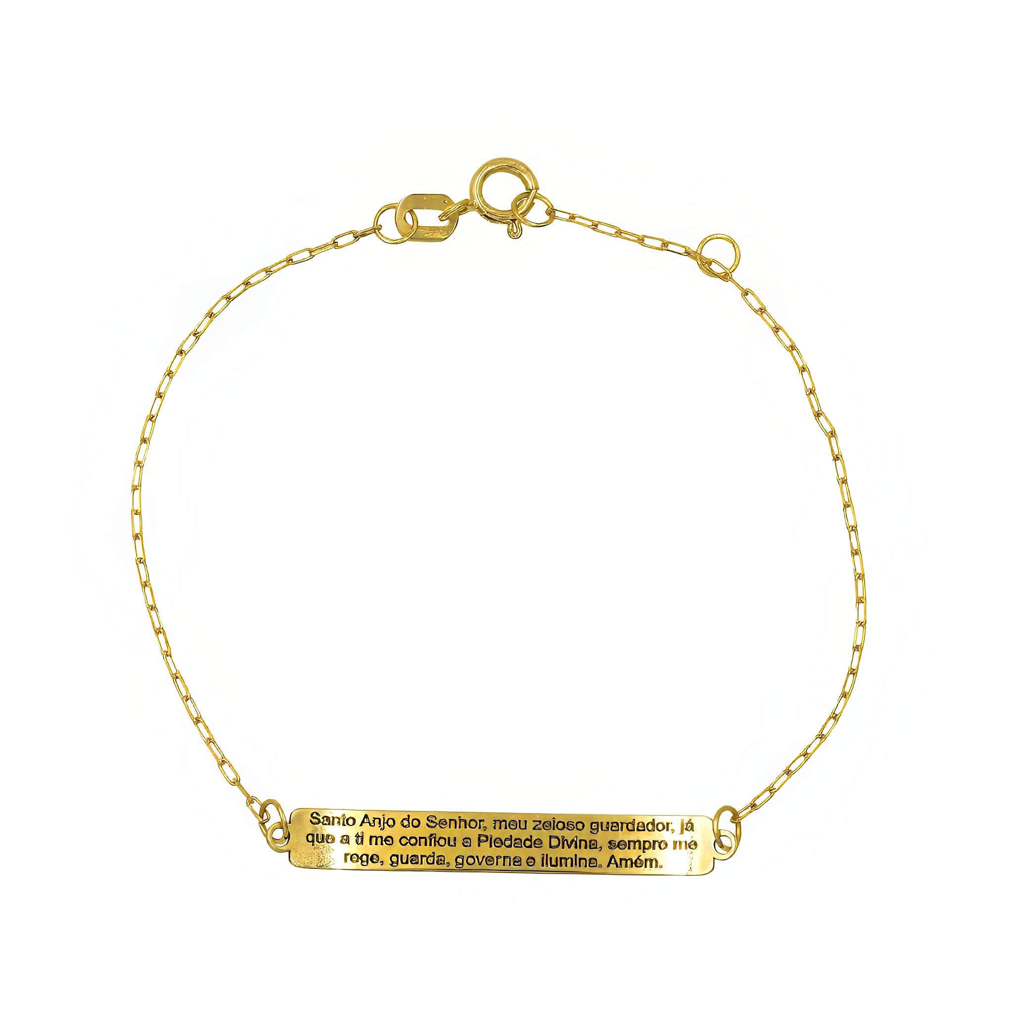 Pulseira infantil chapinha com oração Santo Anjo ouro 18k