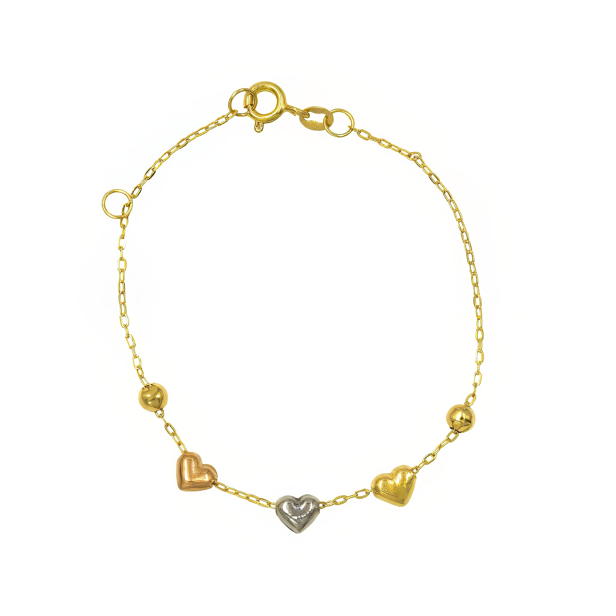 Pulseira infantil Trio corações e bolinha ouro 18k