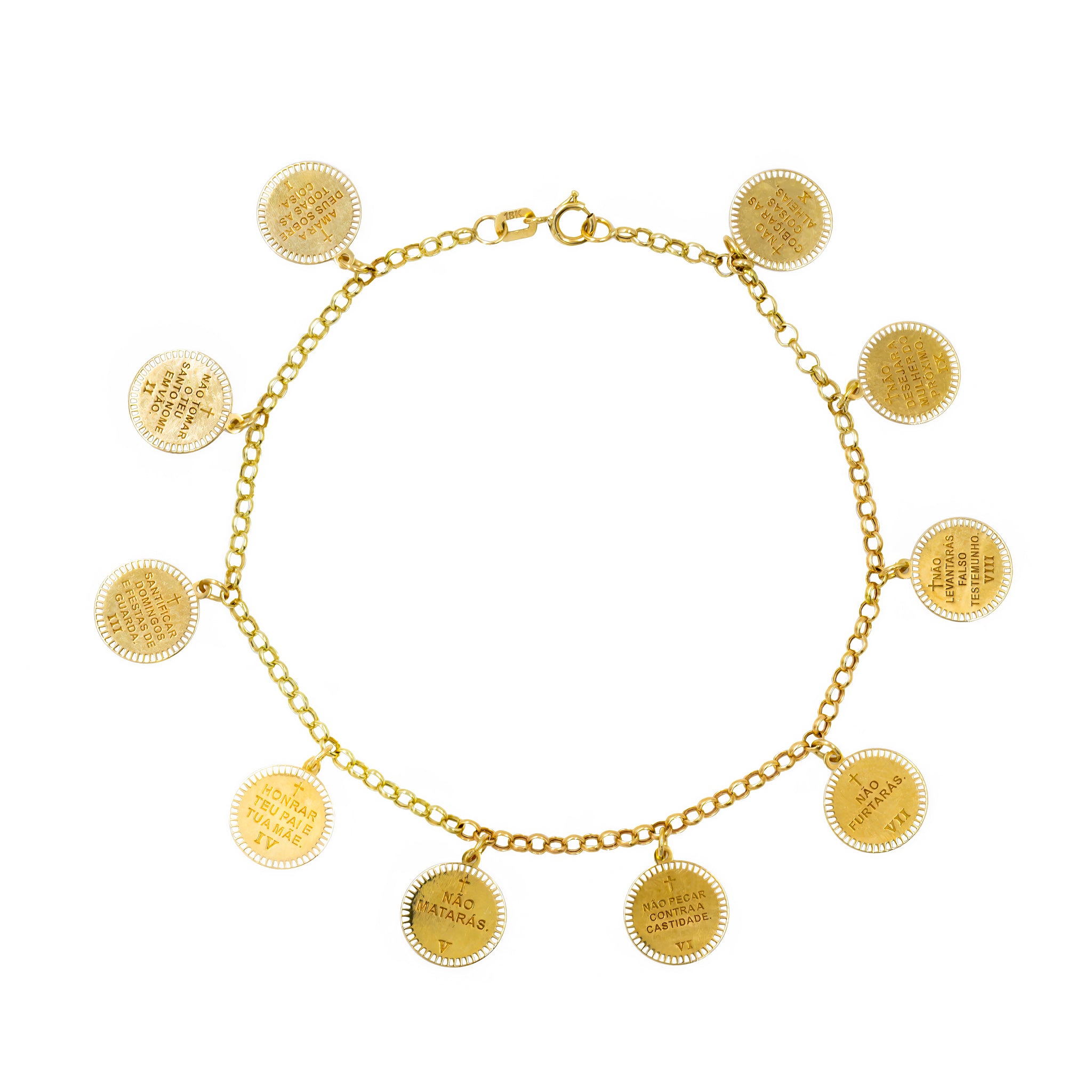 Pulseira portuguesa medalhas com os 10 mandamentos ouro 18k