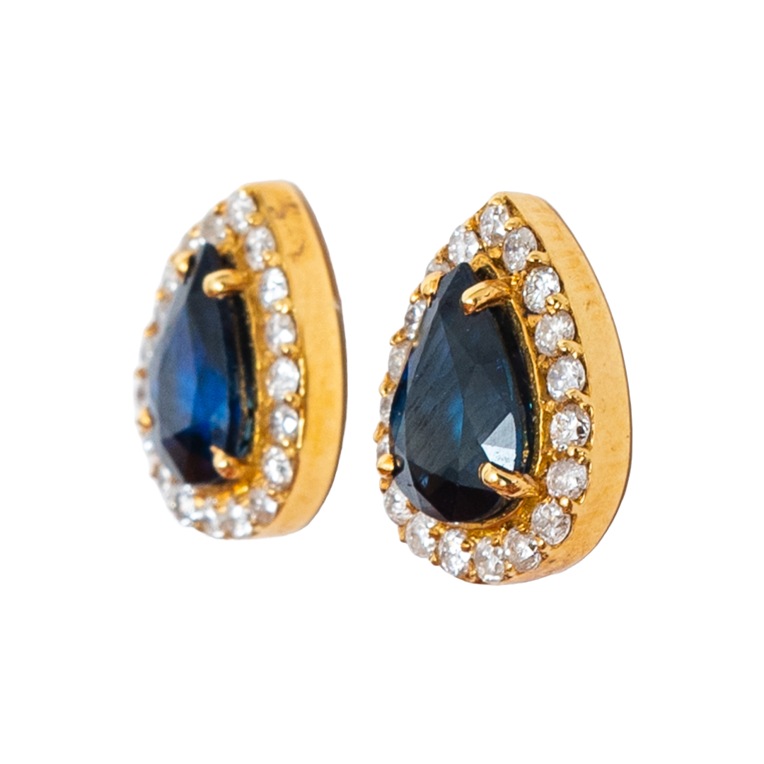 Brinco gota de safira, ouro 18k e diamante