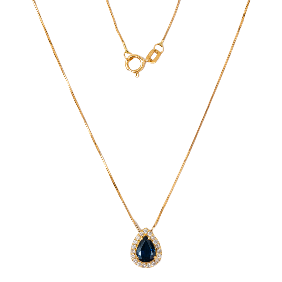 Gargantilha ouro 18k com pingente gota de safira e diamante