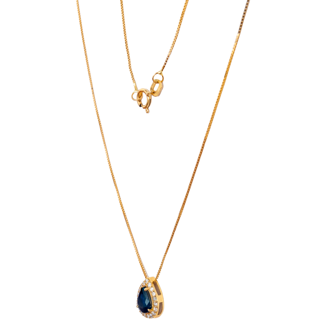 Gargantilha ouro 18k com pingente gota de safira e diamante
