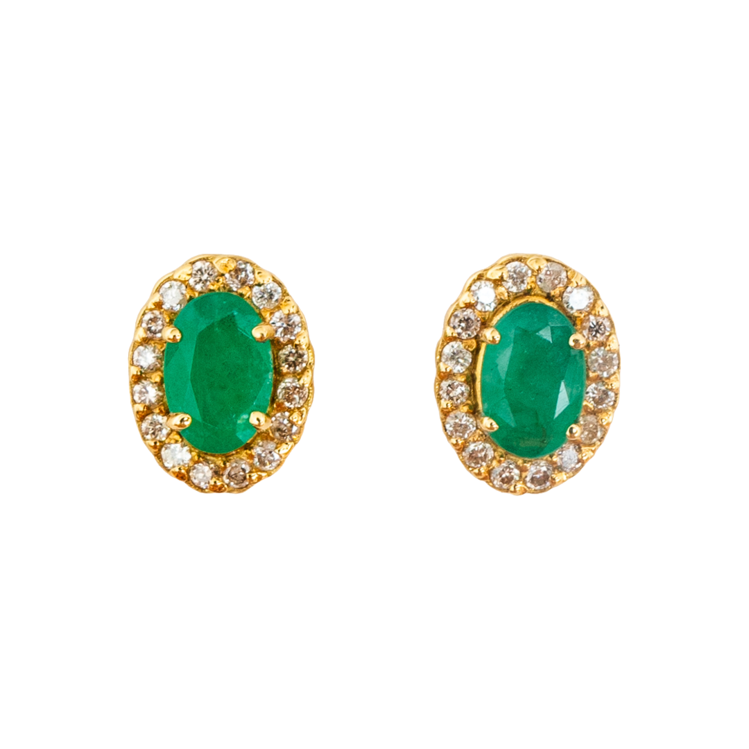 Brinco oval esmeralda, ouro 18k e diamante