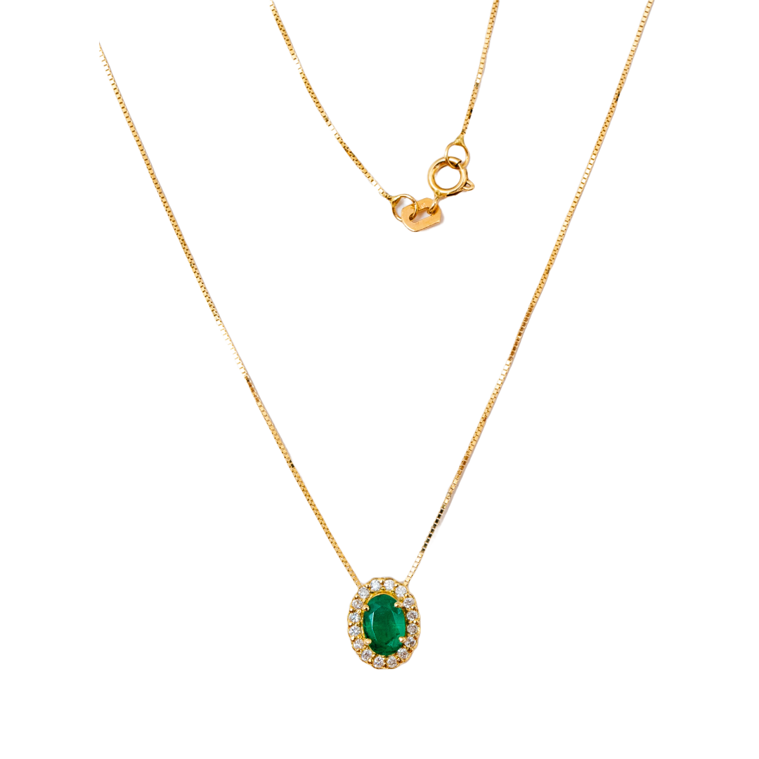 Gargantilha ouro 18k com pingente gota de esmeralda e diamante