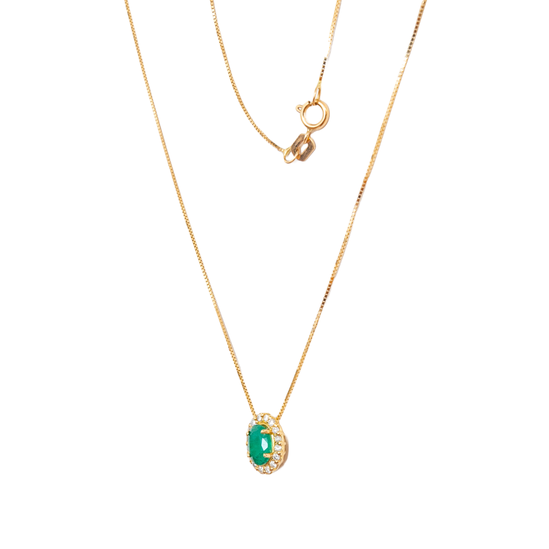 Gargantilha ouro 18k com pingente gota de esmeralda e diamante