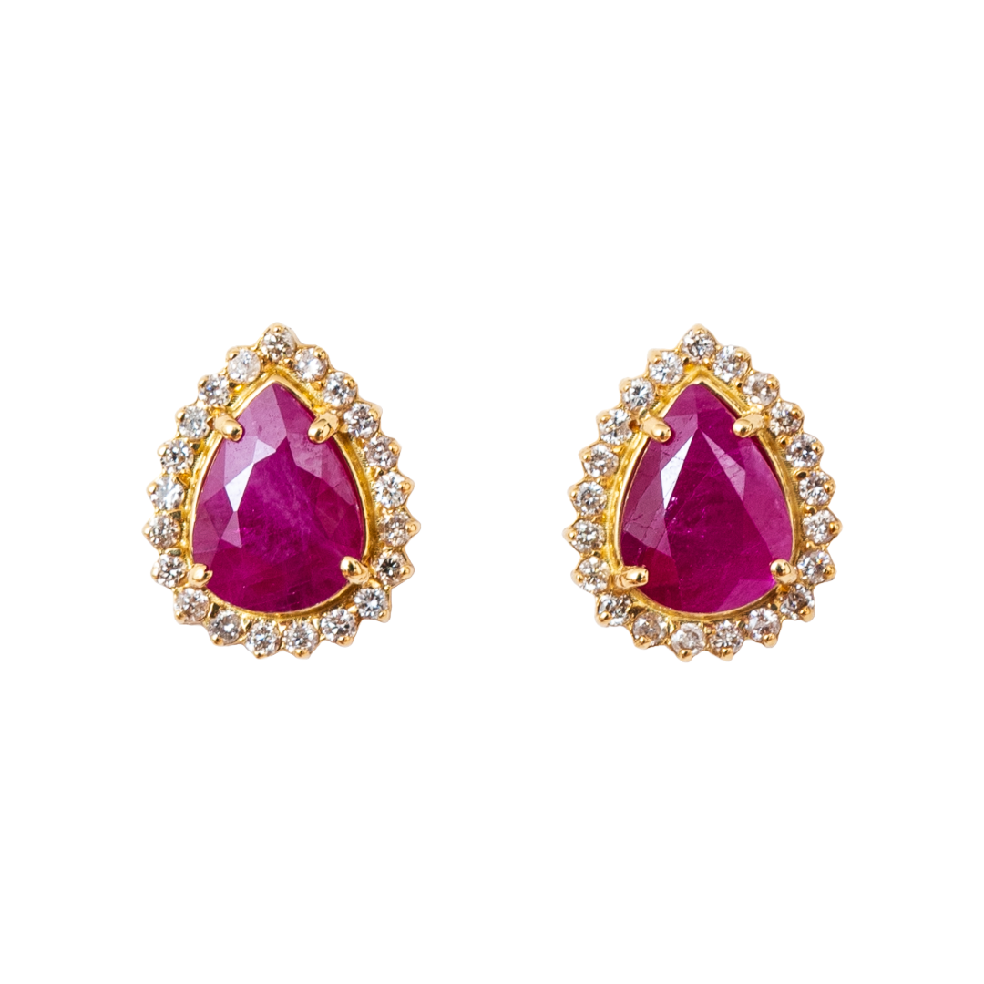 Brinco gota de rubi, ouro 18k e diamante