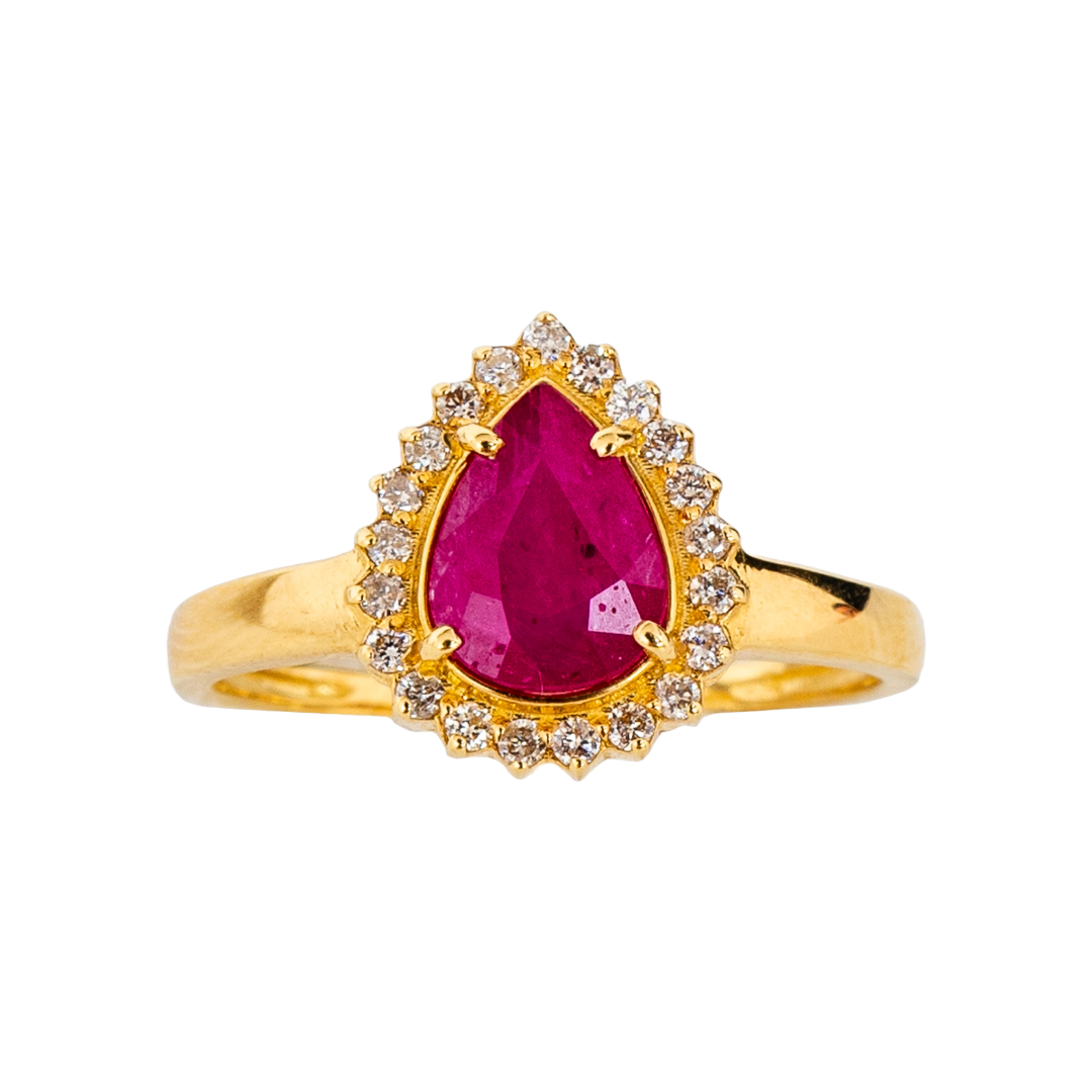Anel gota de rubi, ouro 18k e diamante
