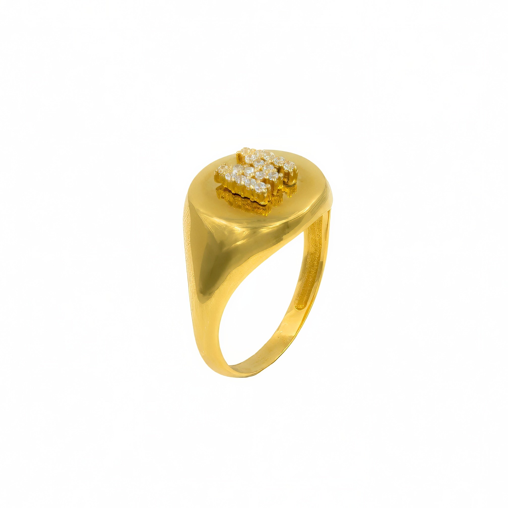 Anel ouro 18k chapa redonda com letra M de zircônia