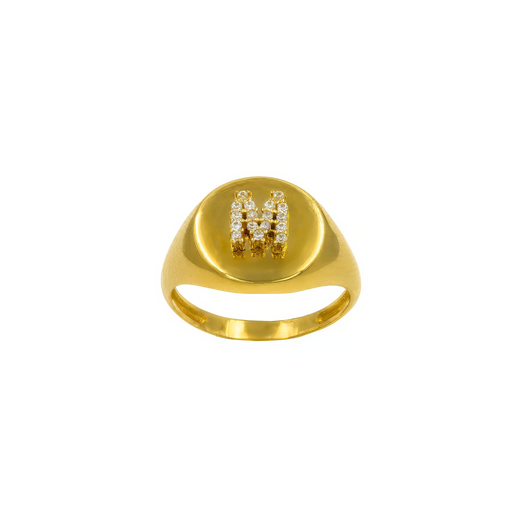 Anel ouro 18k chapa redonda com letra M de zircônia