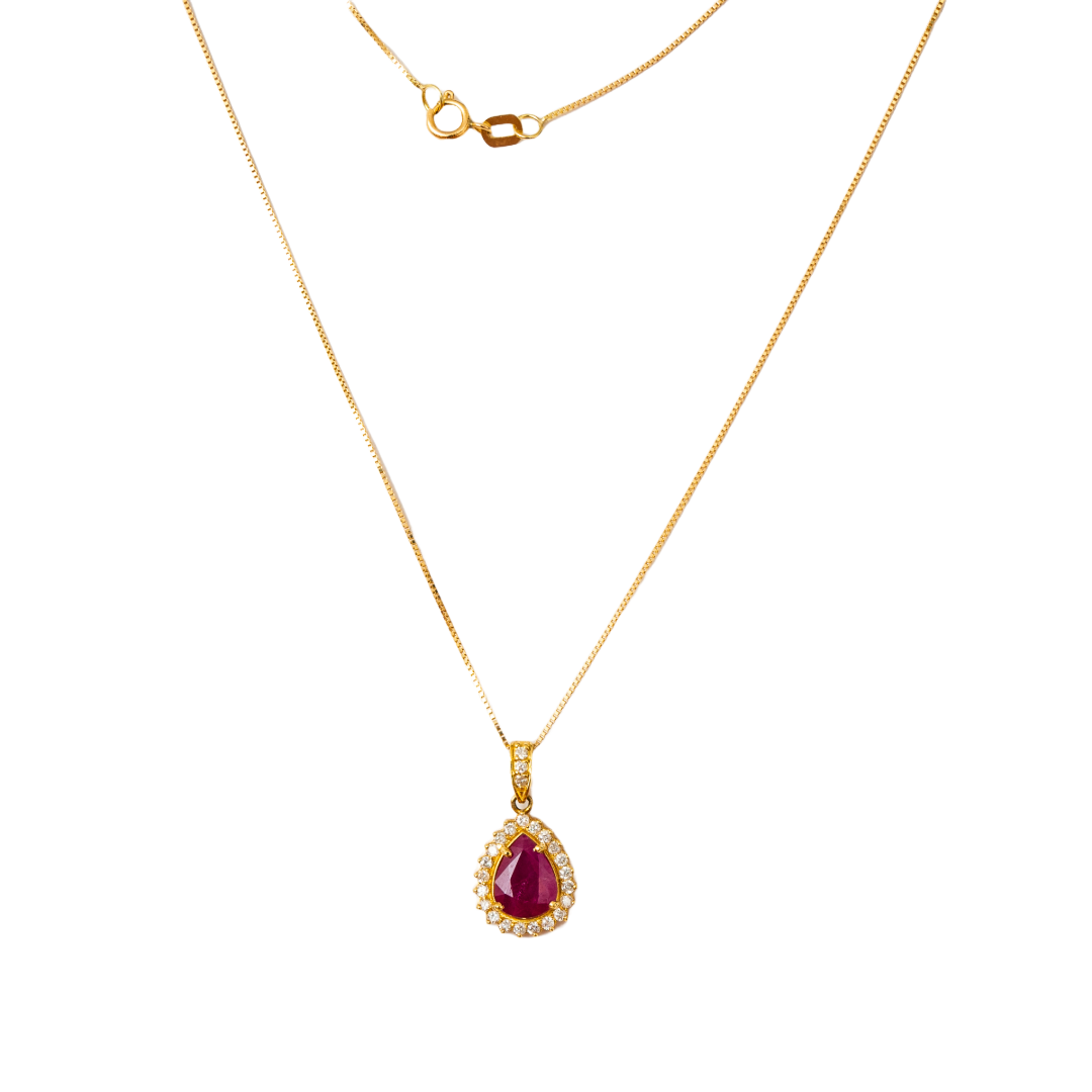 Gargantilha ouro 18k com pingente gota de rubi e diamante
