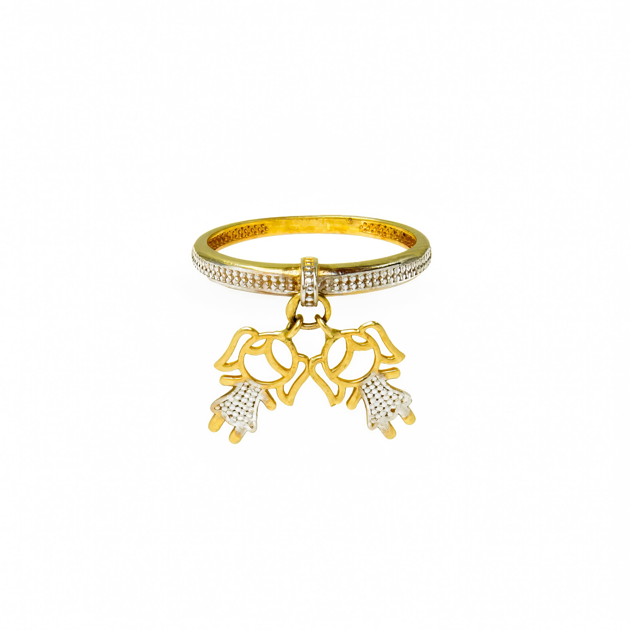 Anel duas meninas pendentes ouro 18k
