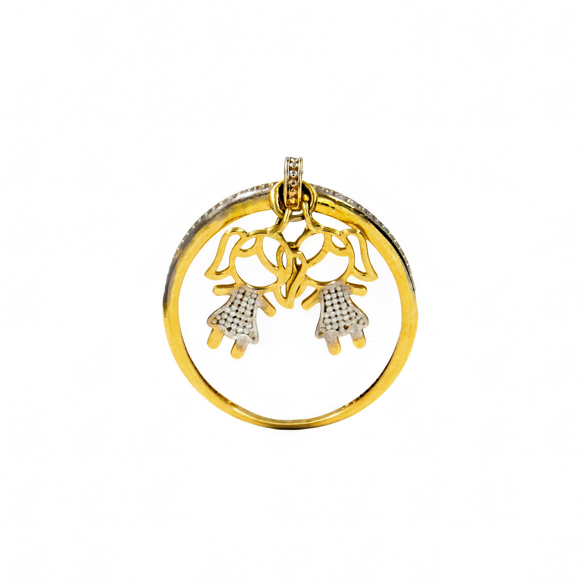 Anel duas meninas pendentes ouro 18k