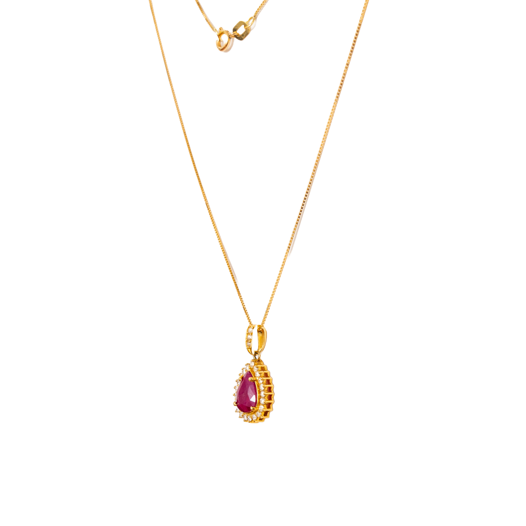 Gargantilha ouro 18k com pingente gota de rubi e diamante