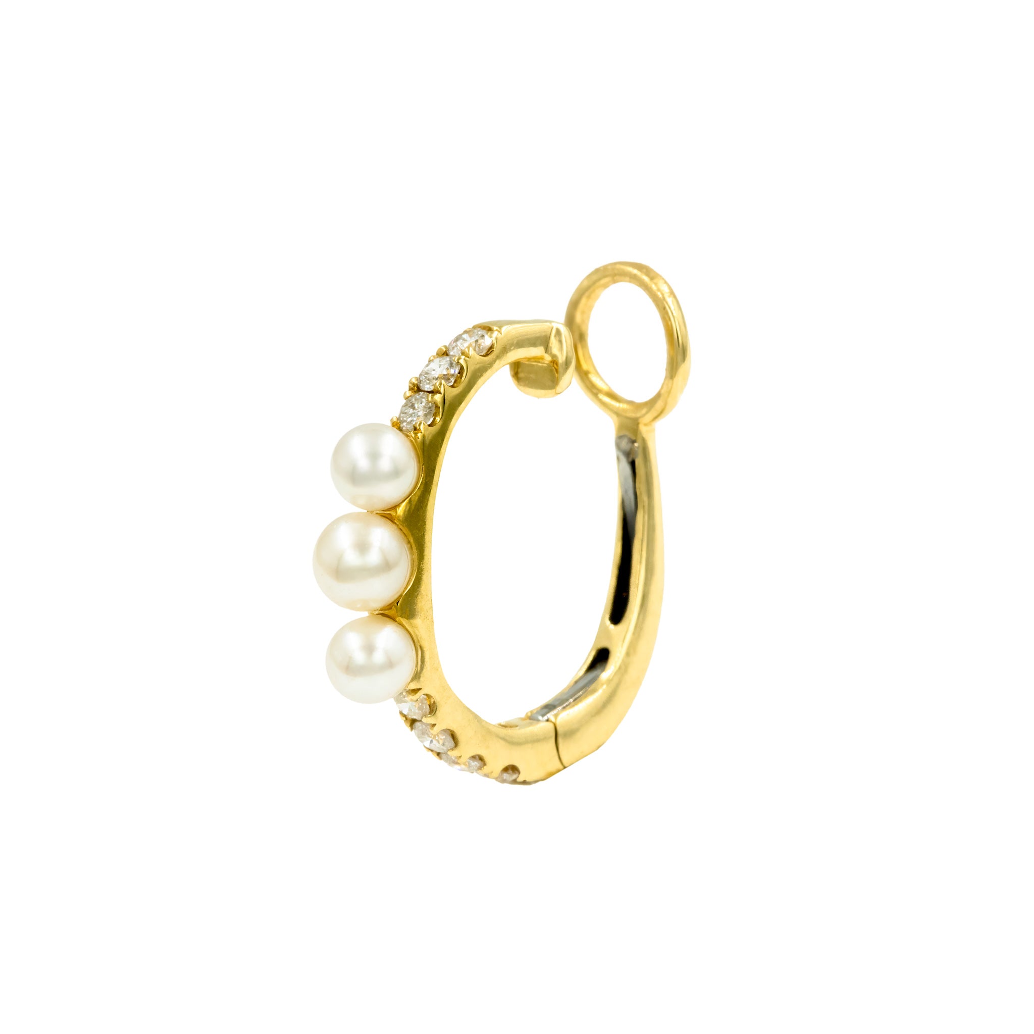 Brinco piercing 3 pérolas, diamante e ouro 18k