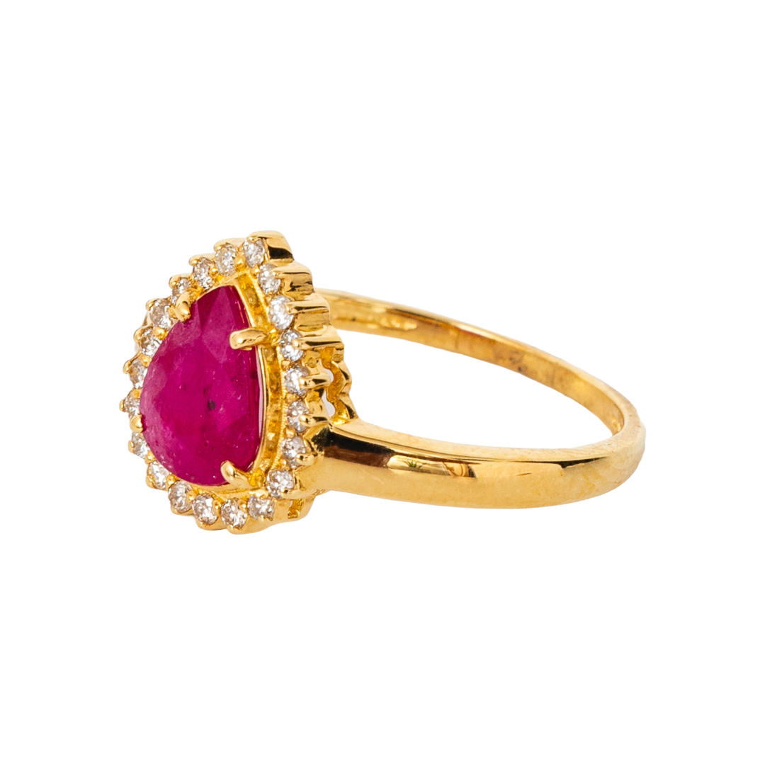 Anel gota de rubi, ouro 18k e diamante