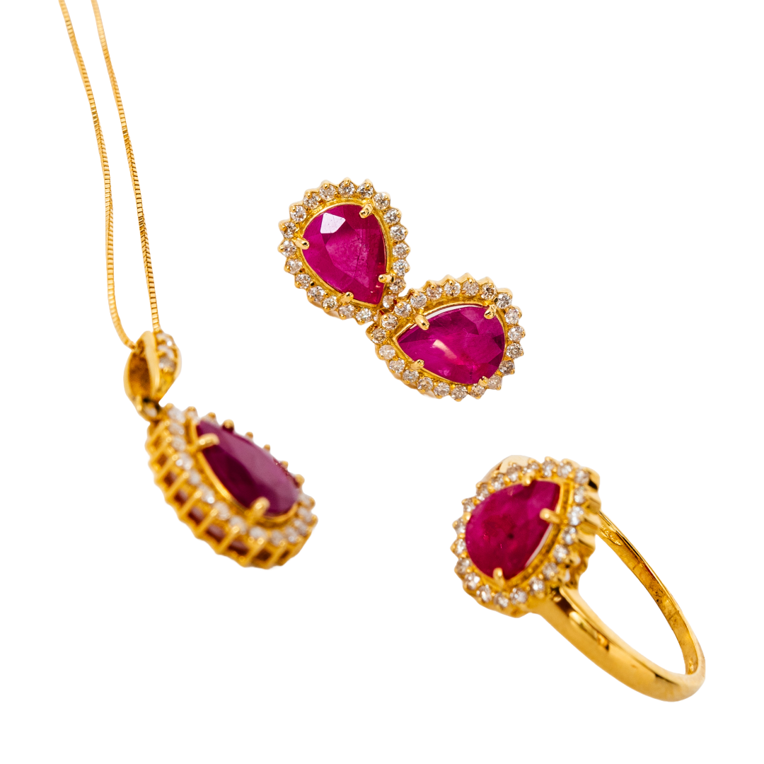 Gargantilha ouro 18k com pingente gota de rubi e diamante