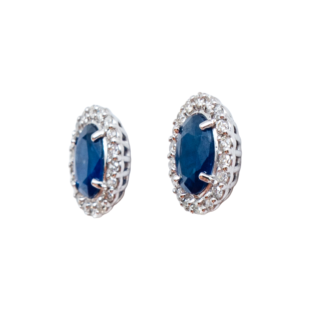 Brinco oval safira, ouro 18k e diamante