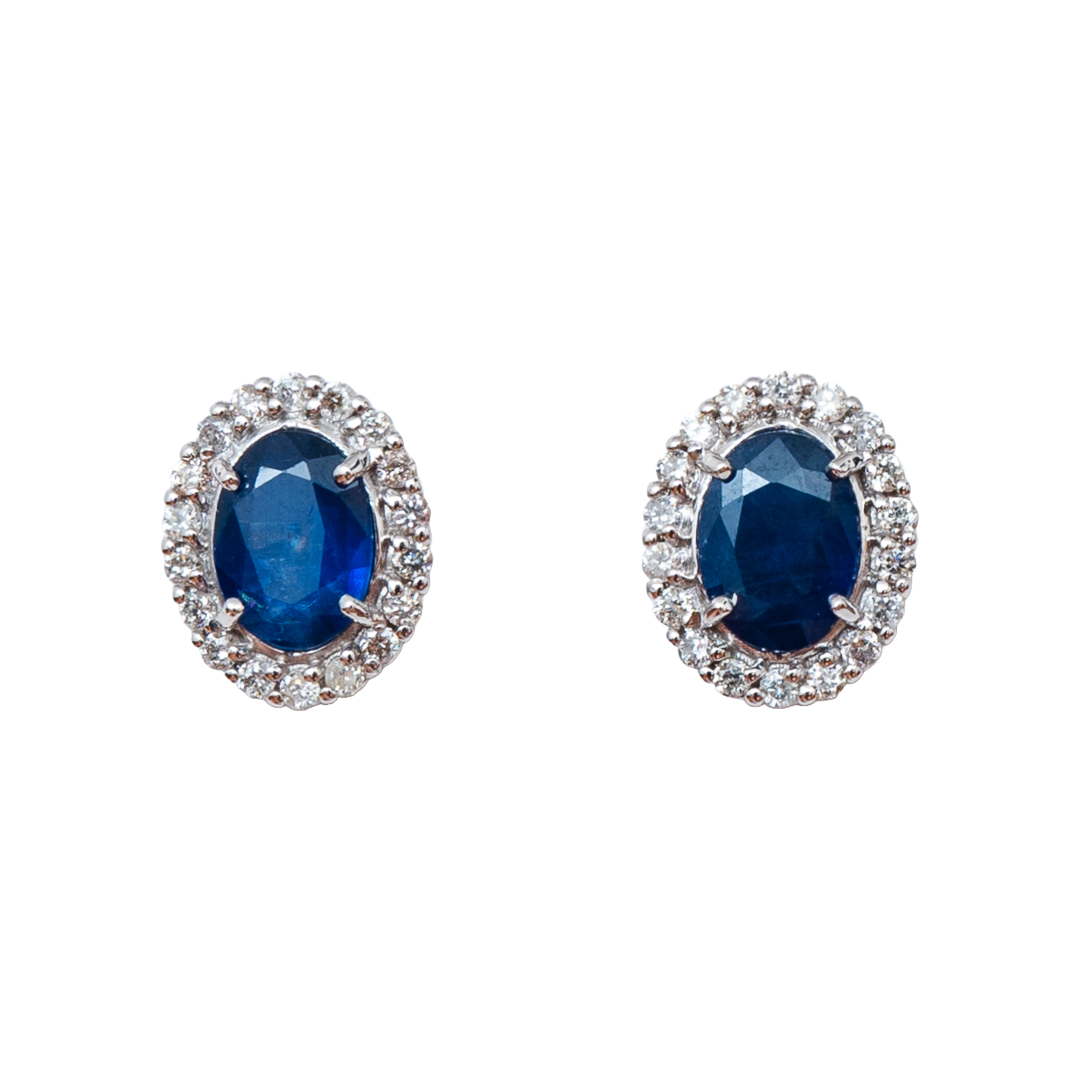Brinco oval safira, ouro 18k e diamante