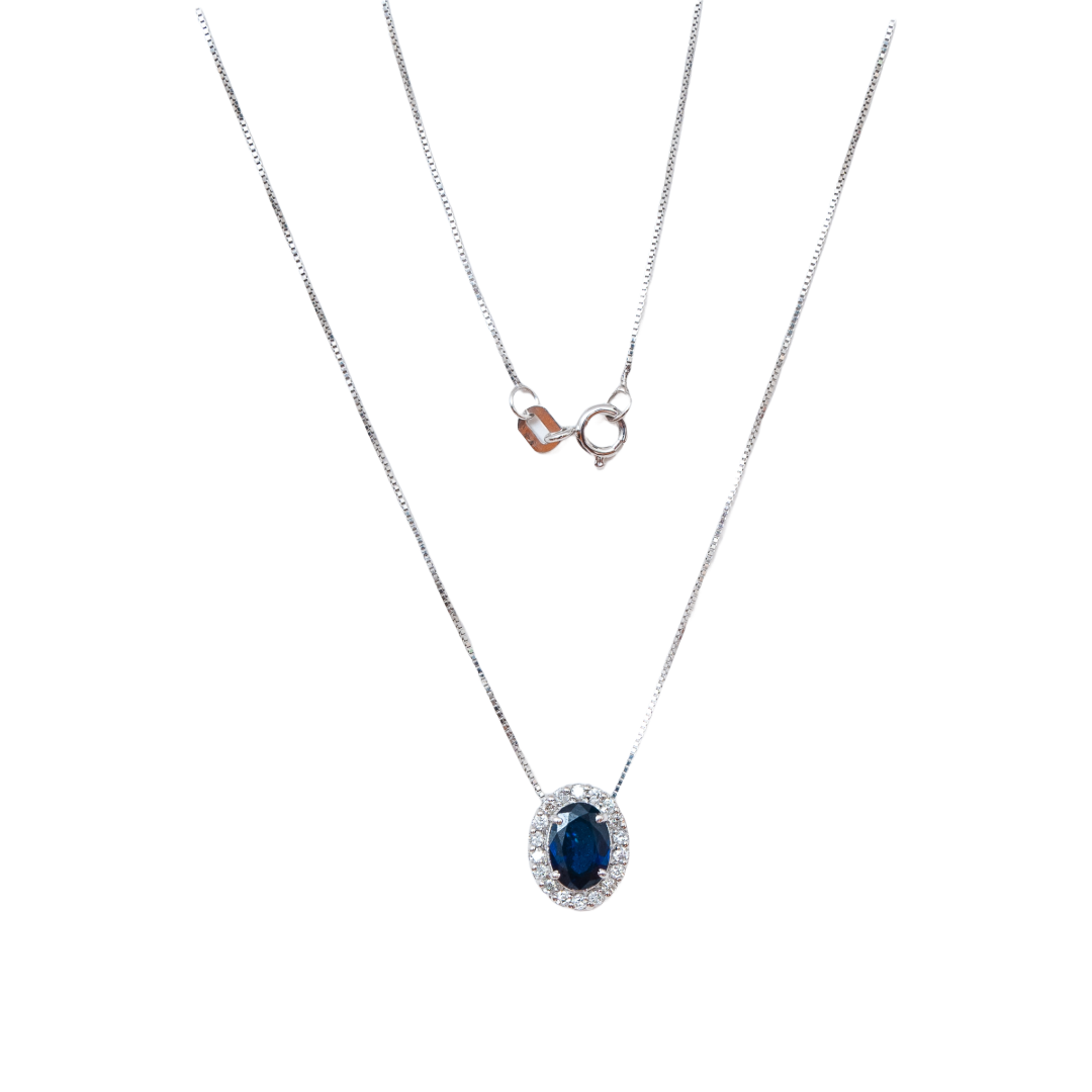 Gargantilha ouro 18k com pingente oval de safira e diamante