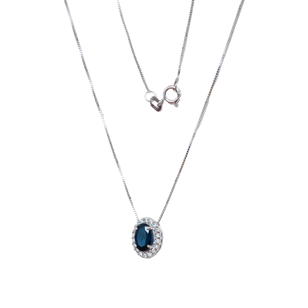 Gargantilha ouro 18k com pingente oval de safira e diamante