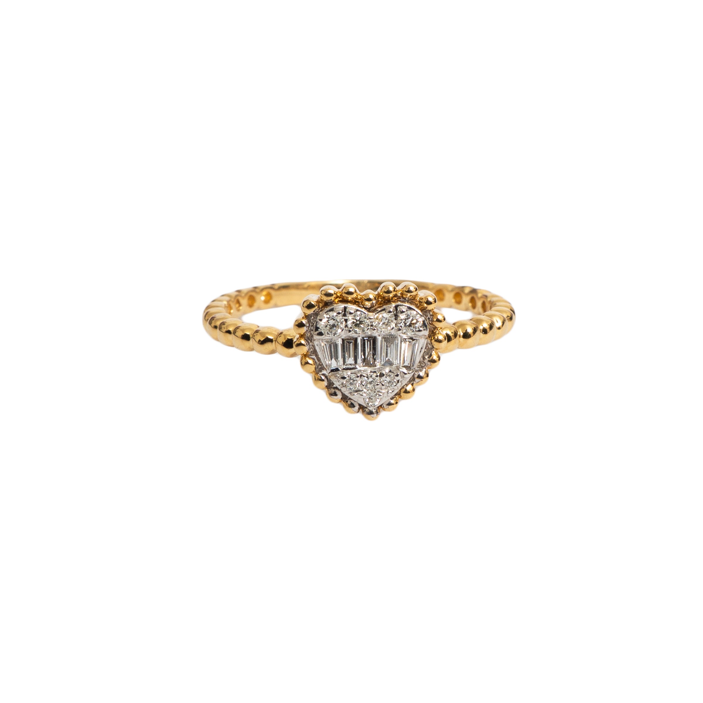 Anel coração diamantes e baguete com mini bolinhas ouro 18k