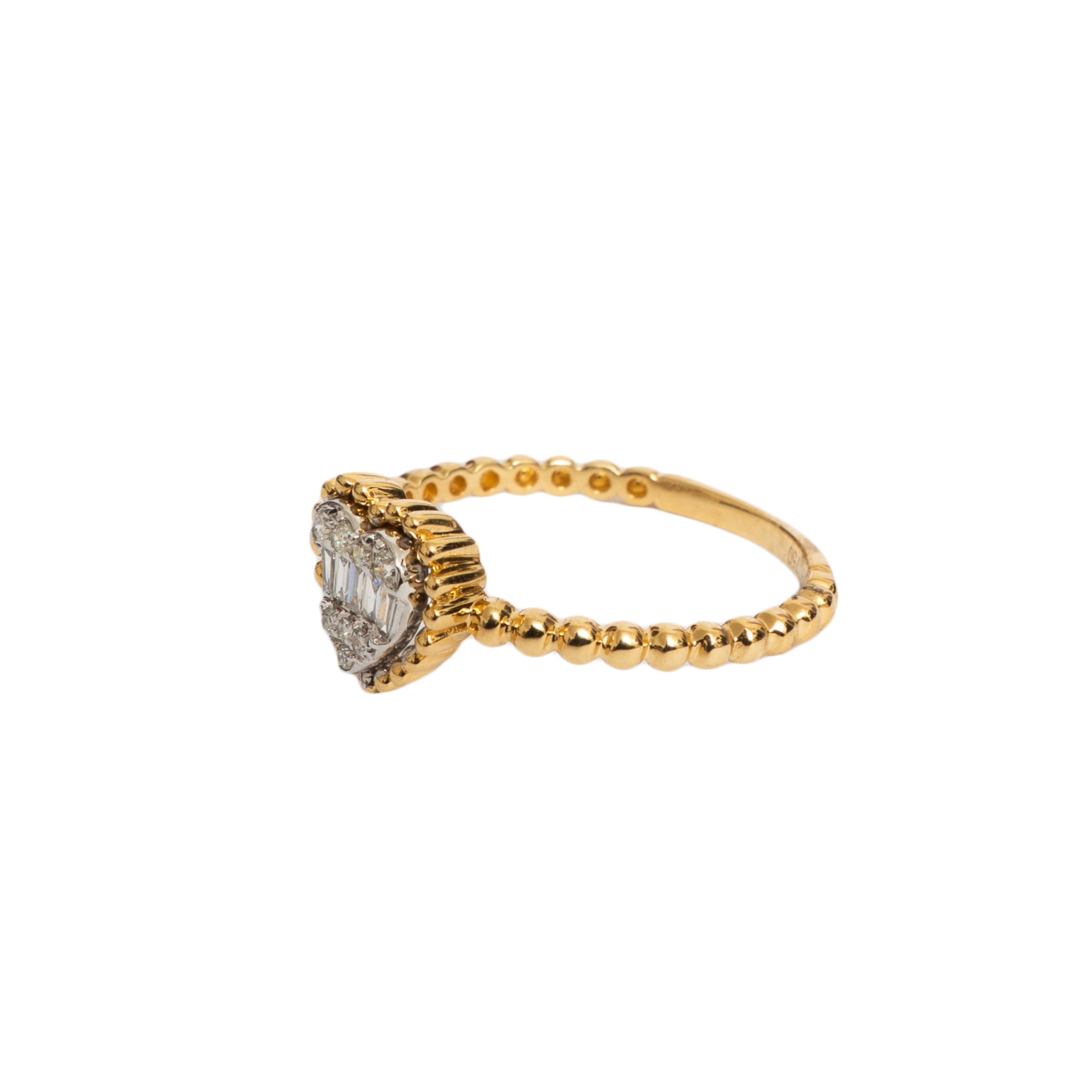 Anel coração diamantes e baguete com mini bolinhas ouro 18k