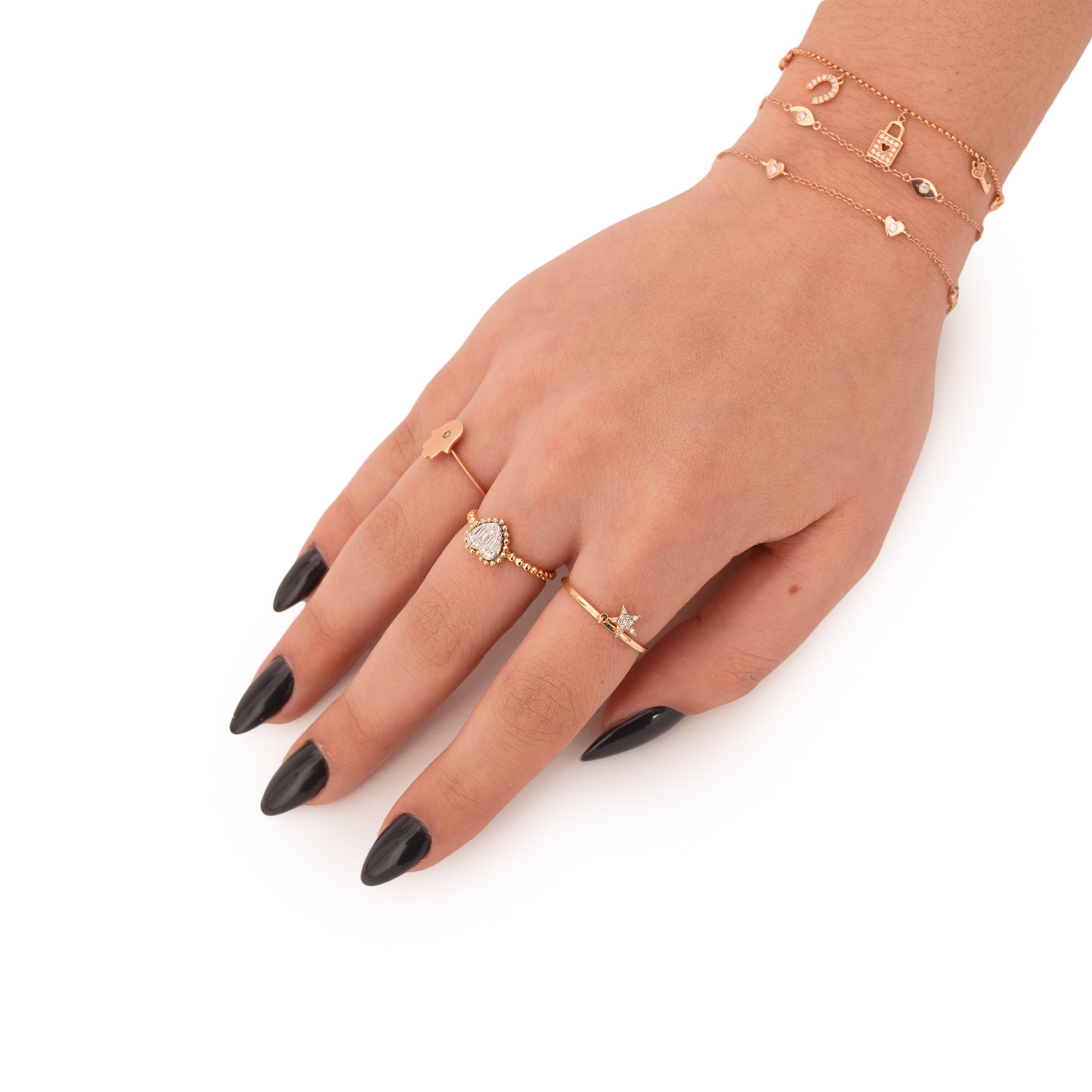 Anel coração diamantes e baguete com mini bolinhas ouro 18k