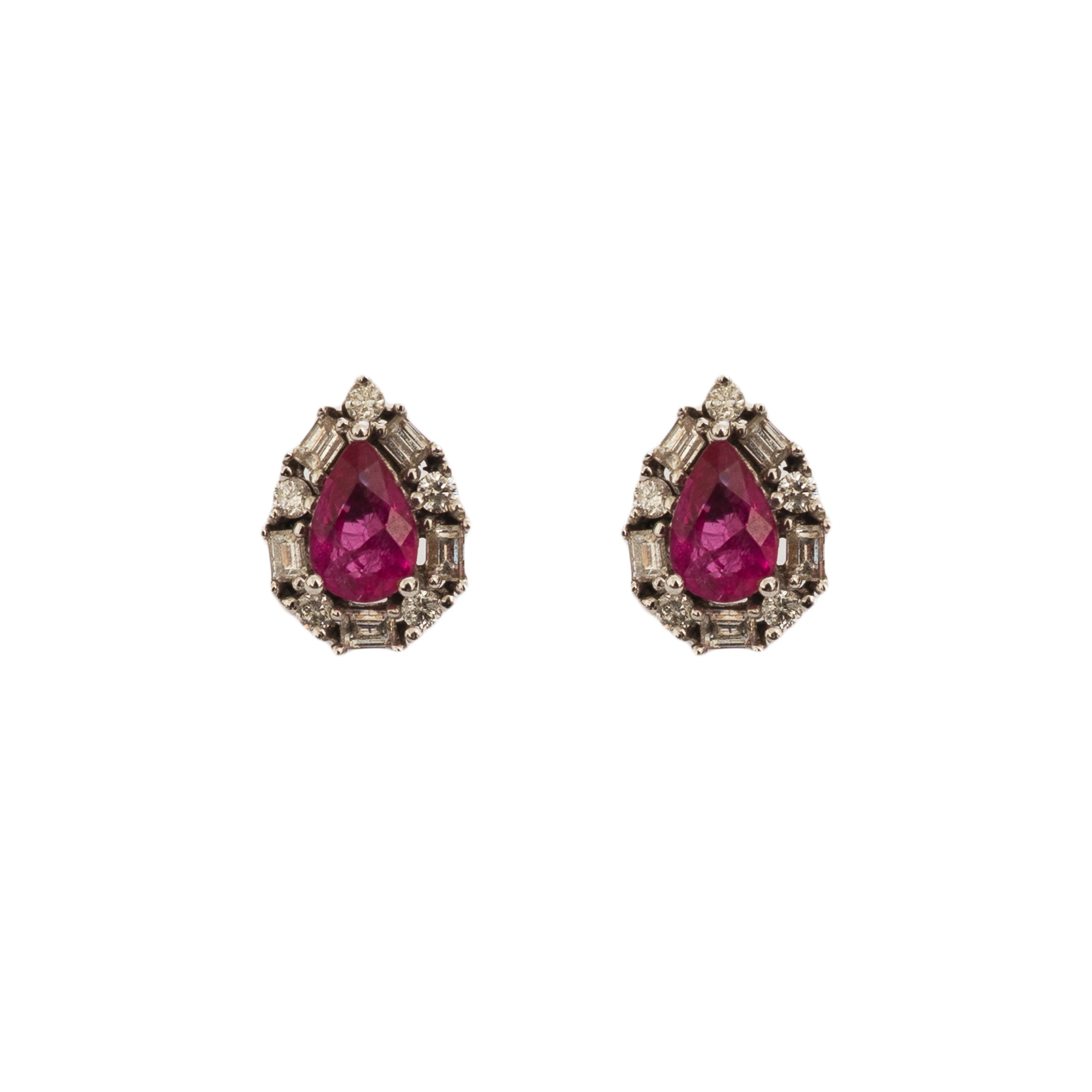 Brinco gota pequena de rubi e diamante, ouro 18k