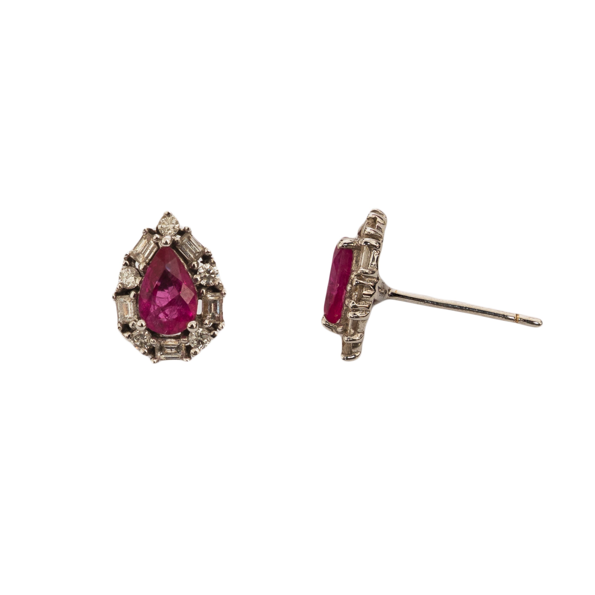 Brinco gota pequena de rubi e diamante, ouro 18k