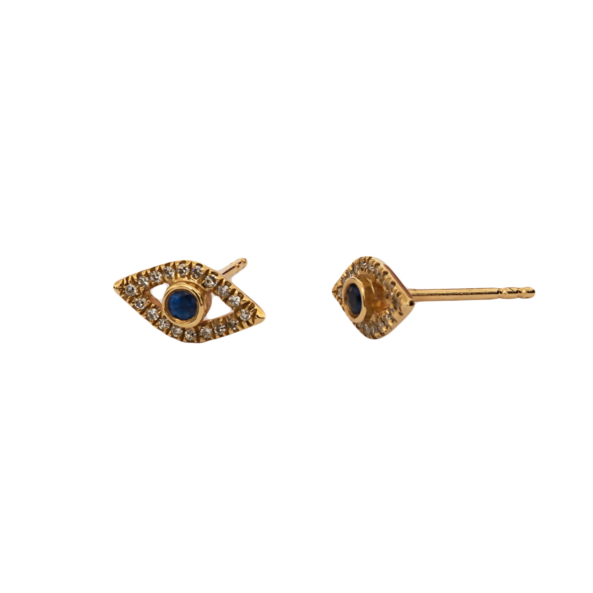 Brinco olho grego ouro 14k com diamante e safira