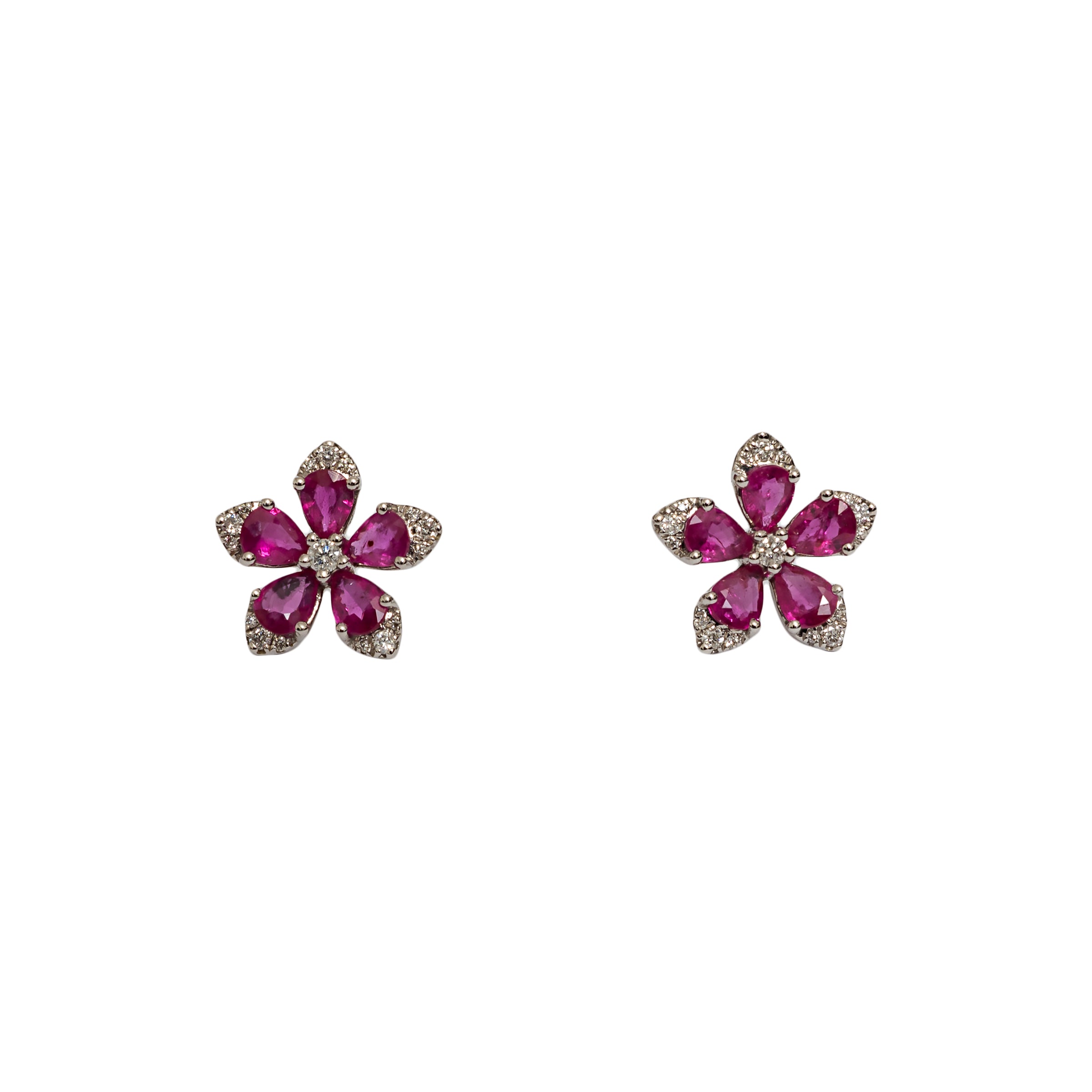 Brinco flor de rubi e diamante e ouro 18k