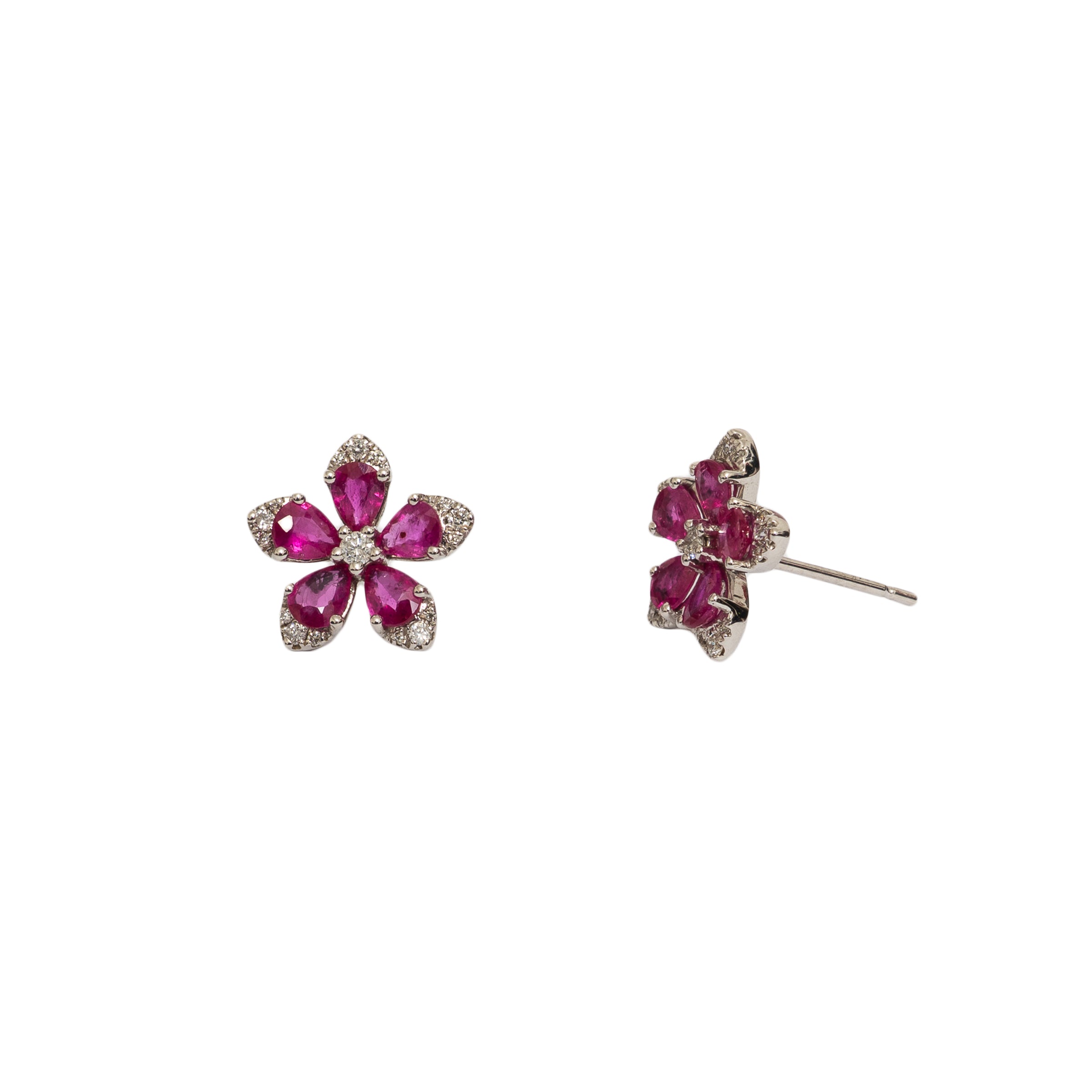 Brinco flor de rubi e diamante e ouro 18k