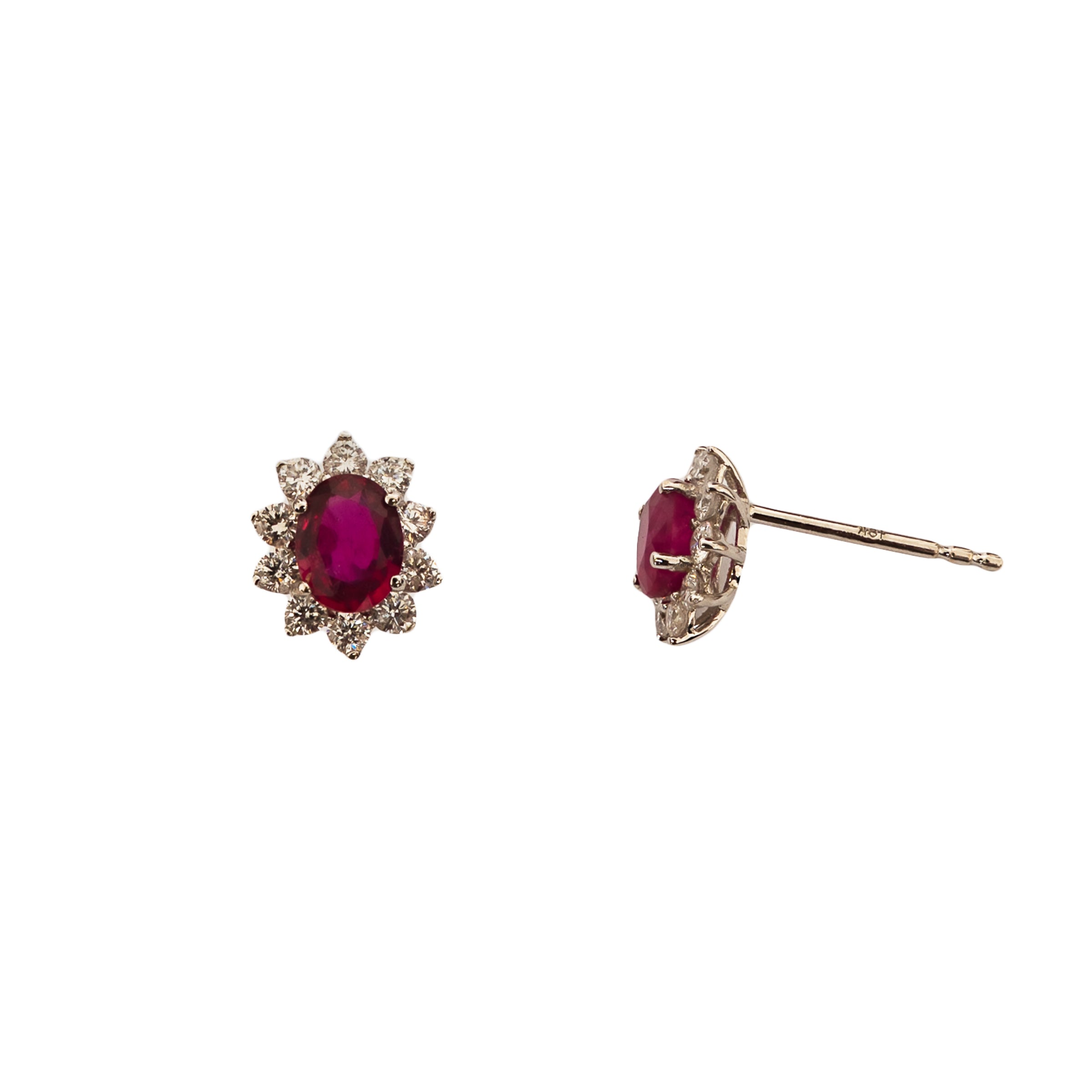 Brinco clássico oval rubi com diamante e ouro 18k