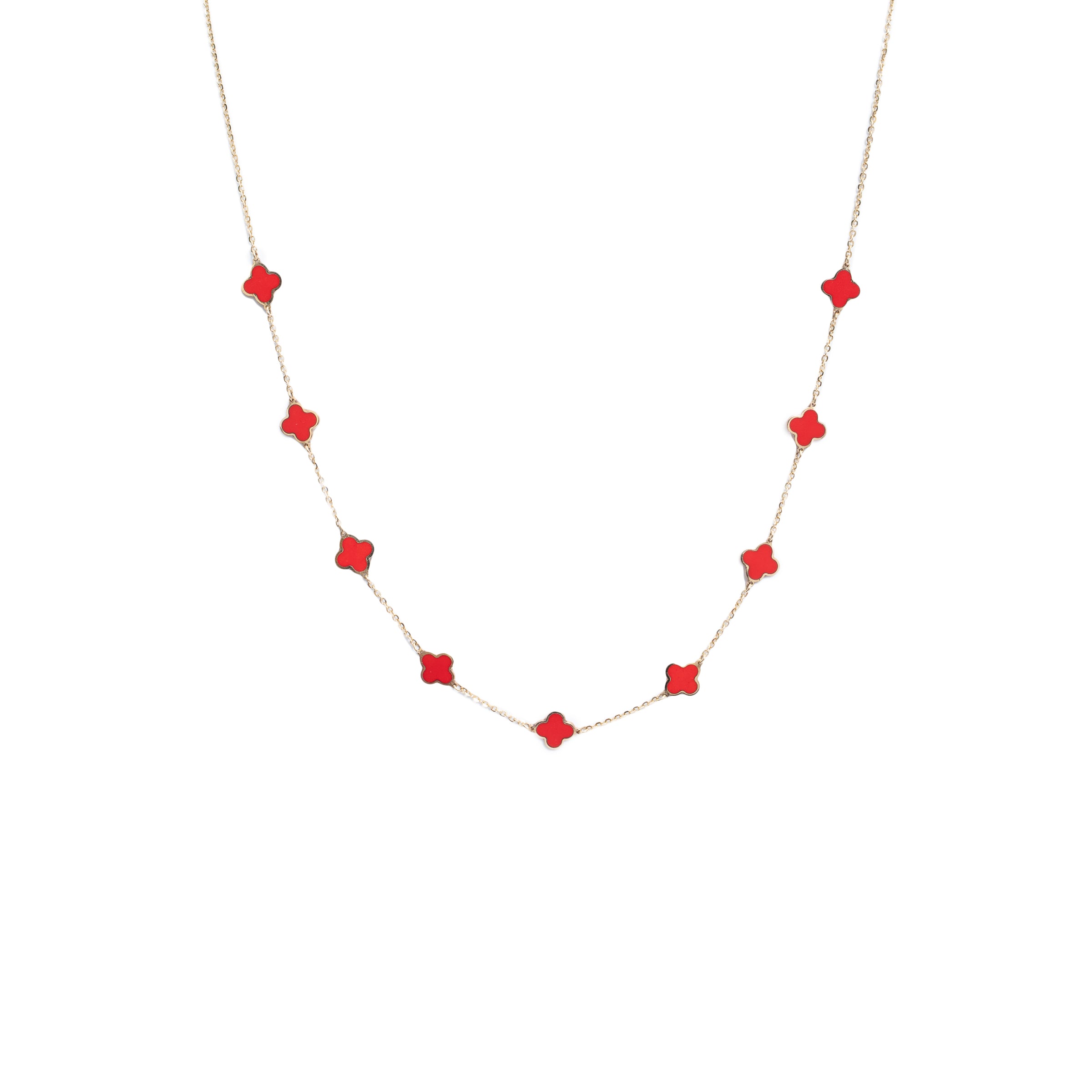 Colar em ouro 18k com trevos esmaltados vermelhos