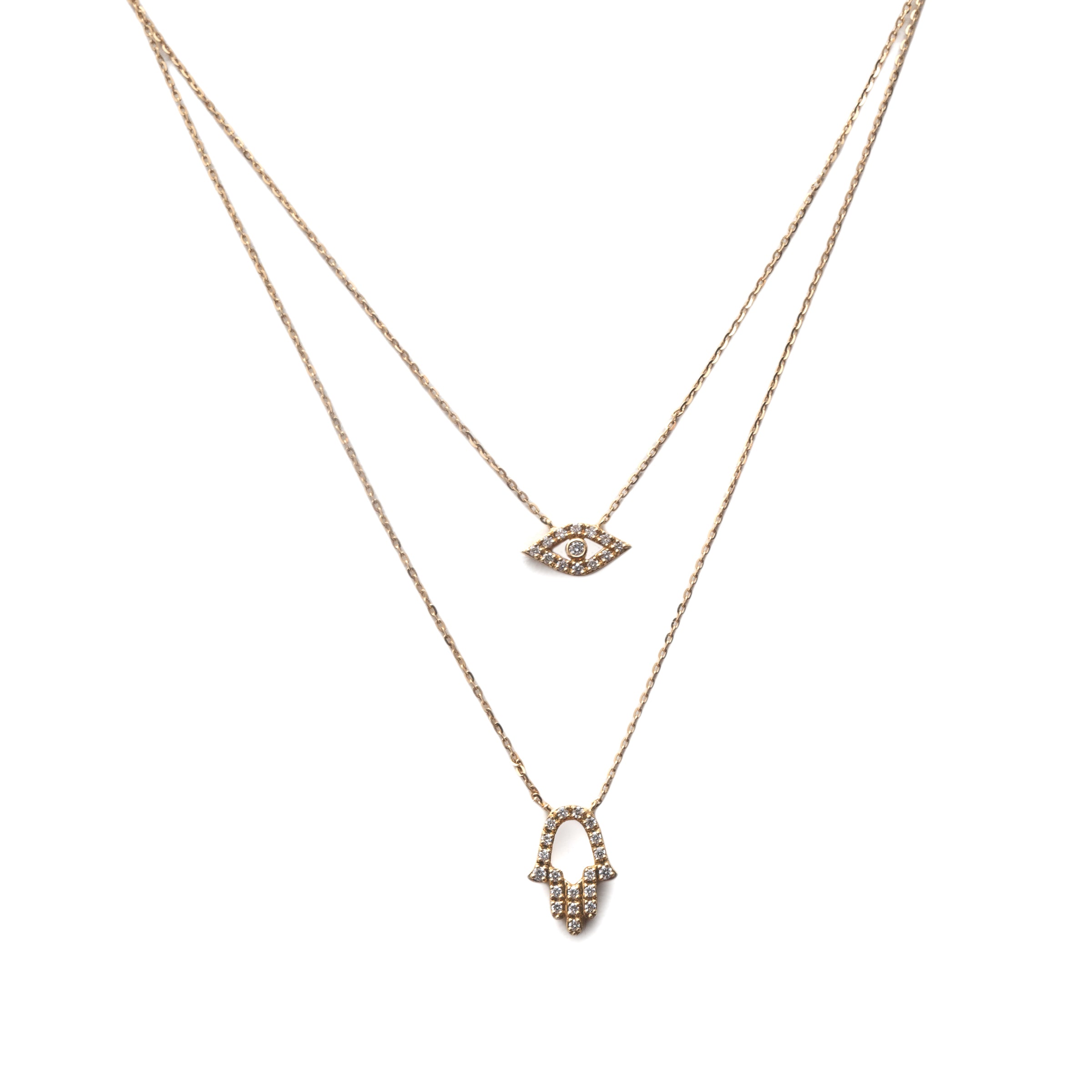 Escapulário Mão de Fátima e Olho Grego Ouro 18k e Diamante