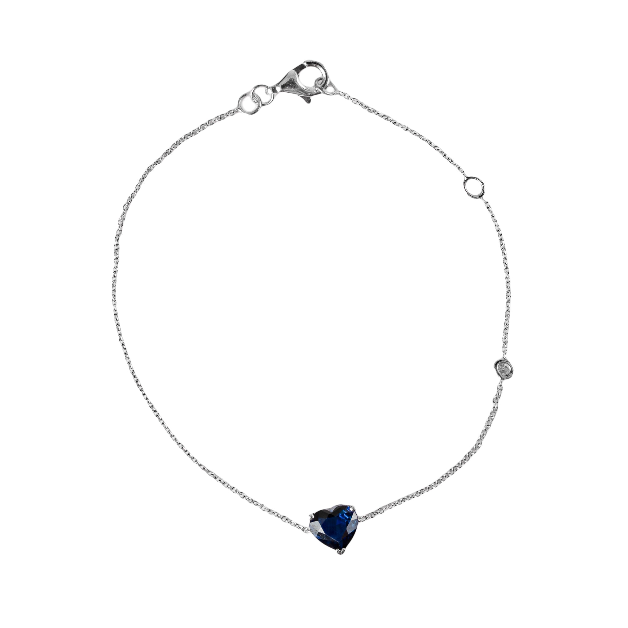 Pulseira Coração de Safira e Ponto de Diamante e Ouro 18k