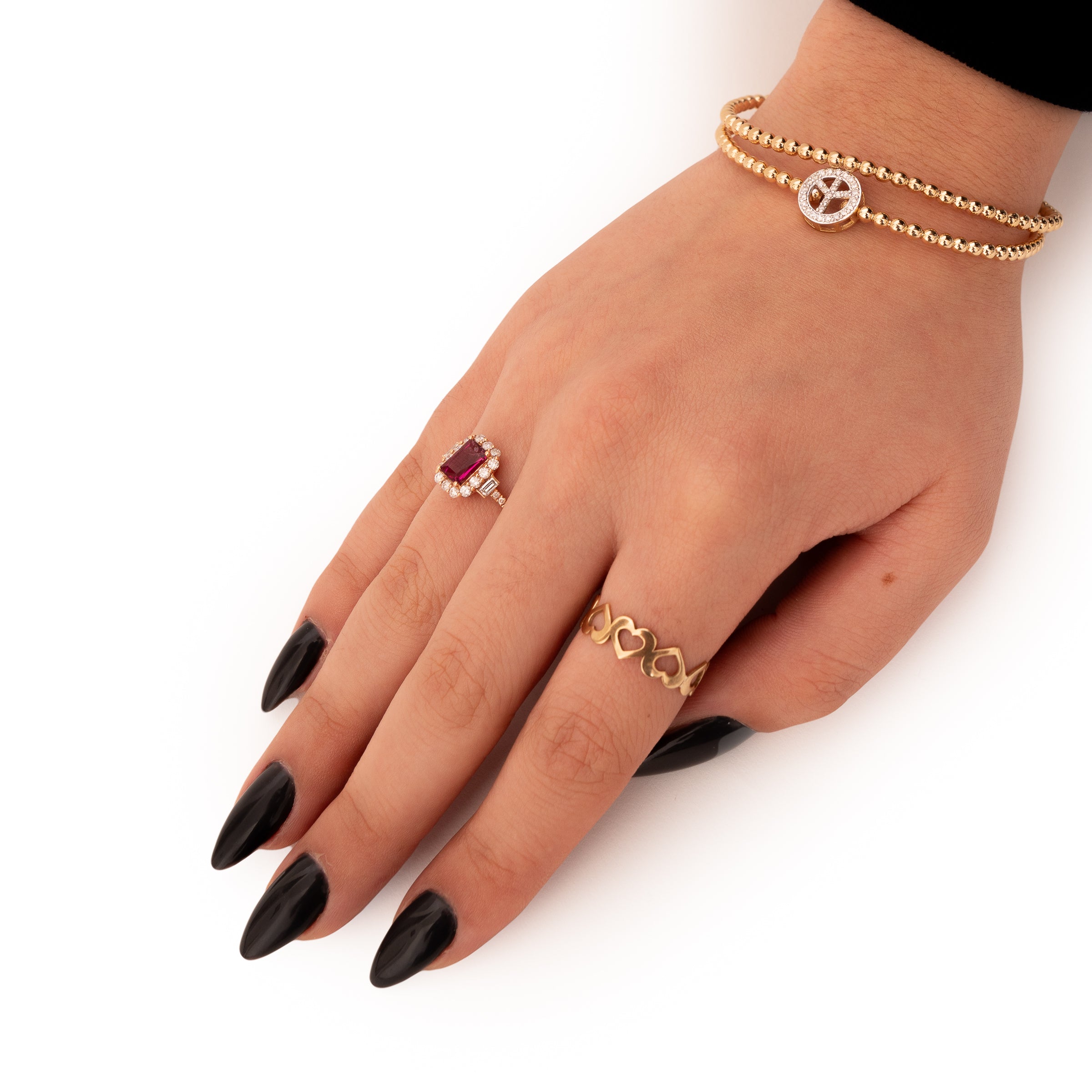 Pulseira maleável bolinhas ouro 18k com símbolo da paz em diamante