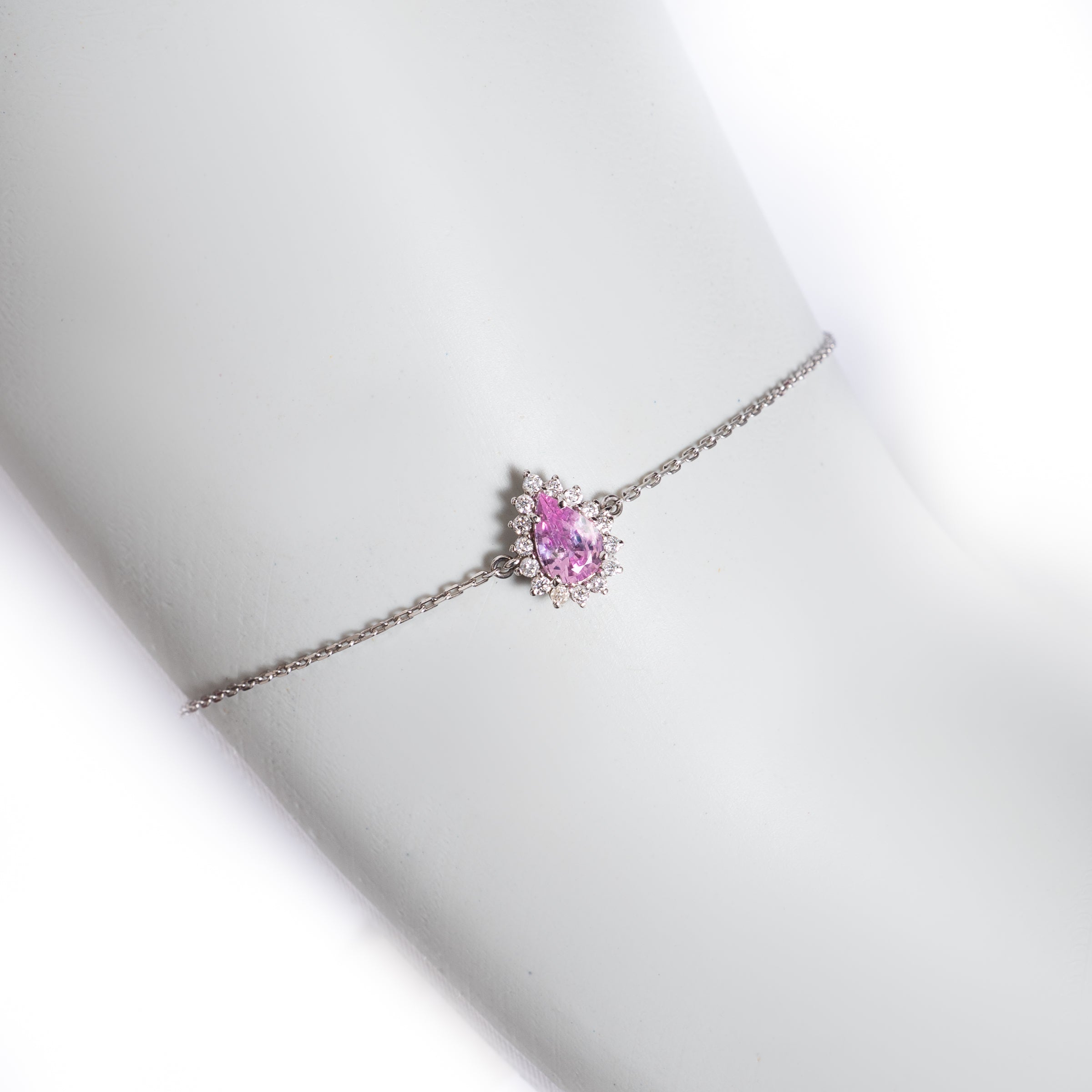 Pulseira ouro 18k gota safira rosa e diamante